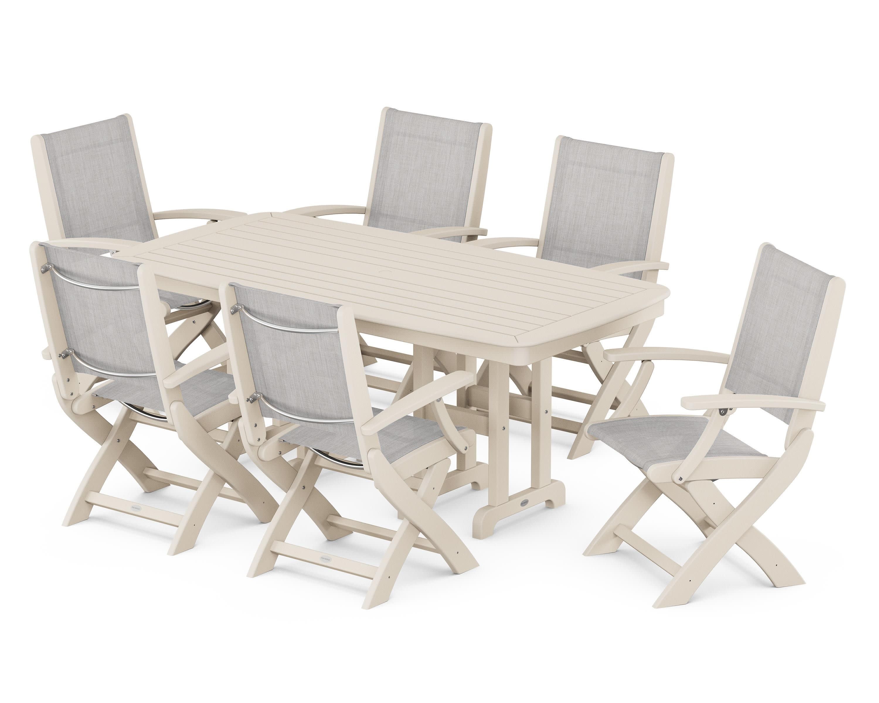 Coastal Folding Arm Chair 7-Piece Dining Set in Sand / Parchment Sling