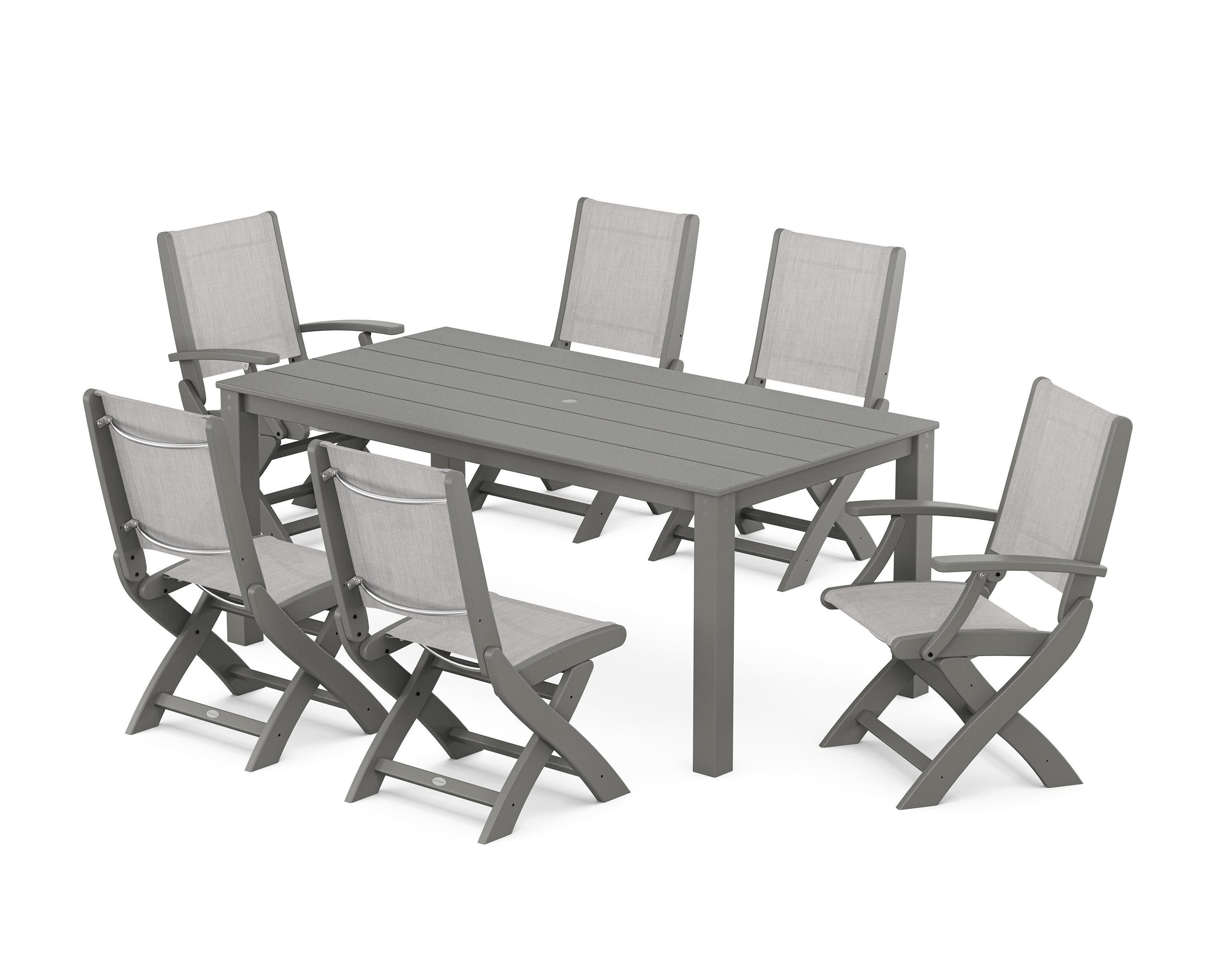 Coastal Folding Chair 7-Piece Parsons Dining Set in Green / Dupioni Aquamarine Sling
