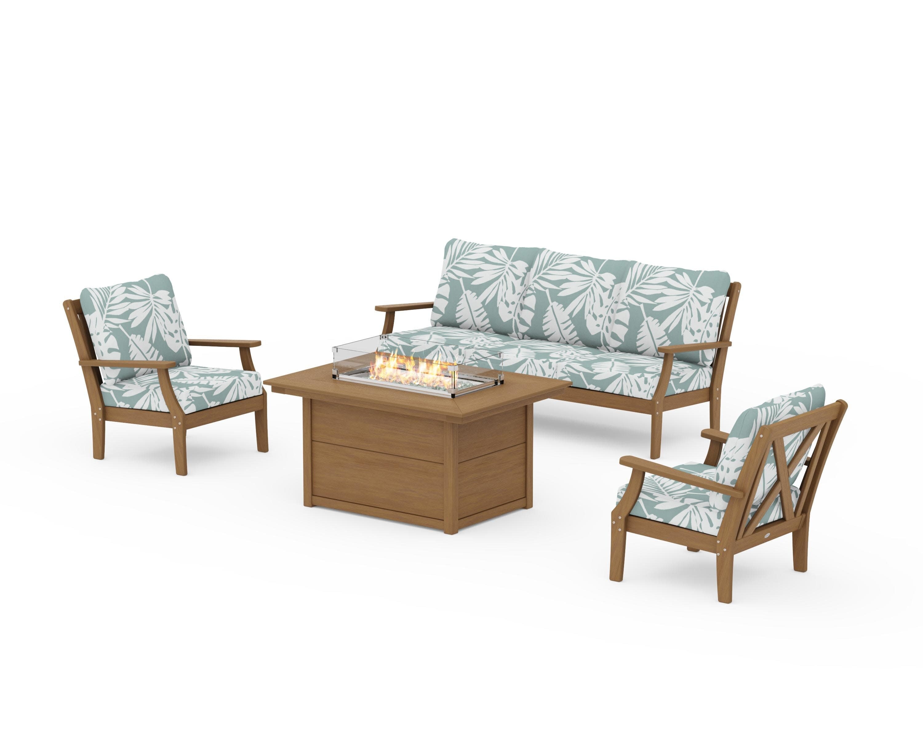 Braxton Deep Seating Fire Pit Table Set in Natural / Leaf Glacier Spa