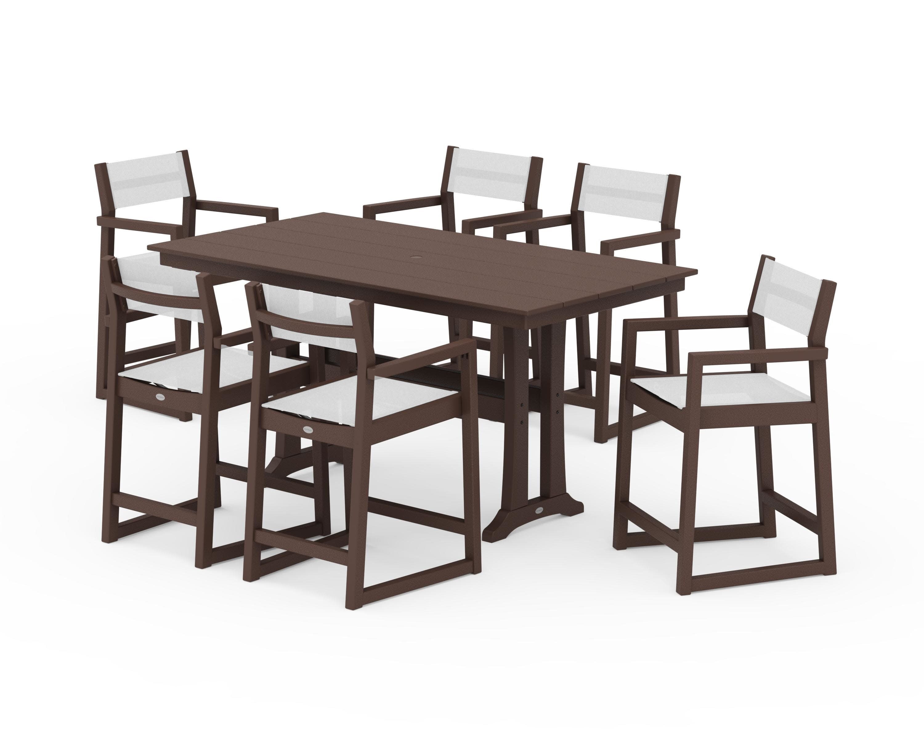 EDGE Sling Arm Chair 7-Piece Farmhouse Counter Set with Trestle Legs in Mahogany / White Sling