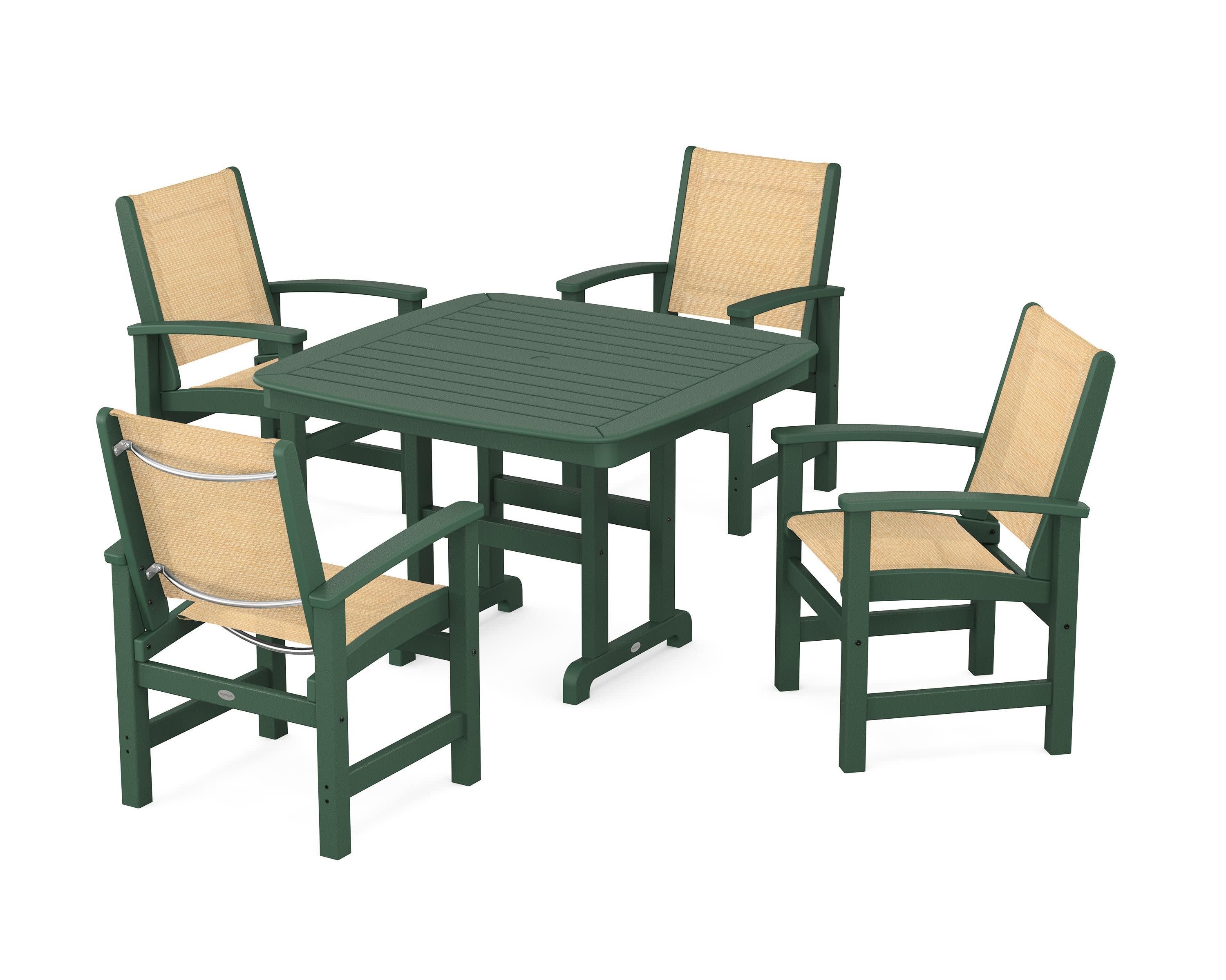 Coastal 5-Piece Dining Set in Green / Dupioni Apricot Sling