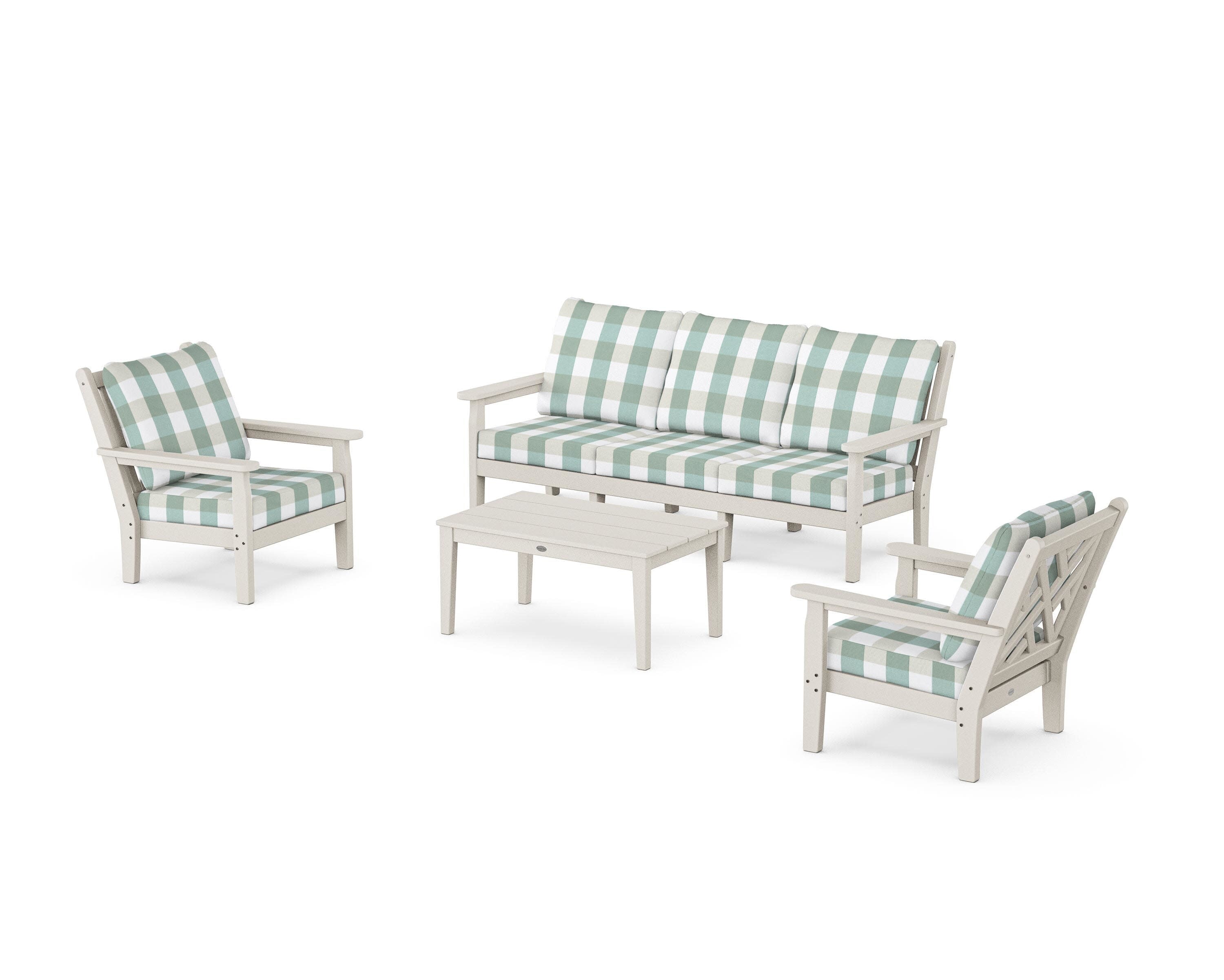 Chippendale 4-Piece Deep Seating Set with Sofa in Sand / Buffalo Plaid Glacier Spa