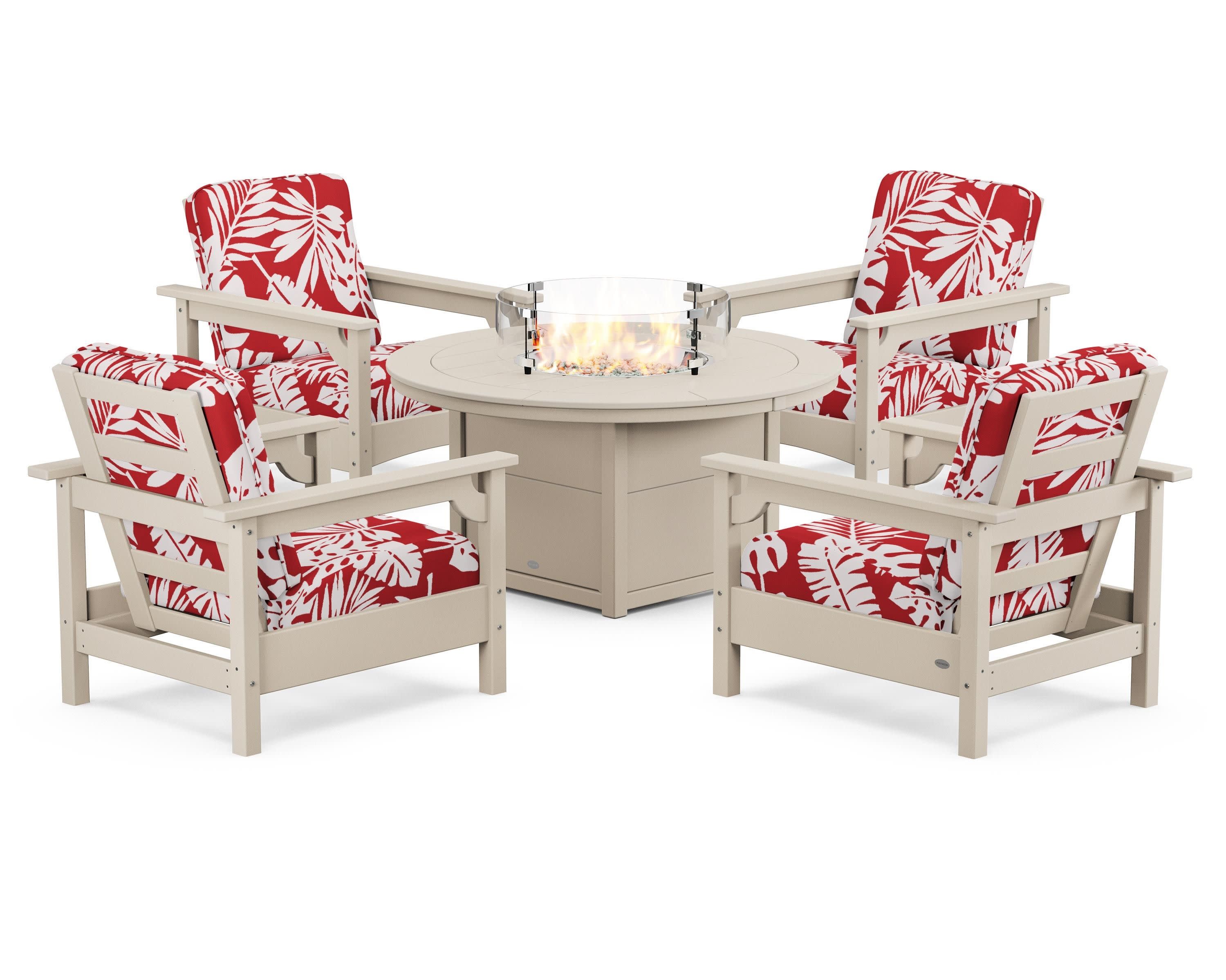 Club 5-Piece Conversation Set with Fire Pit Table in Sand / Leaf Crimson