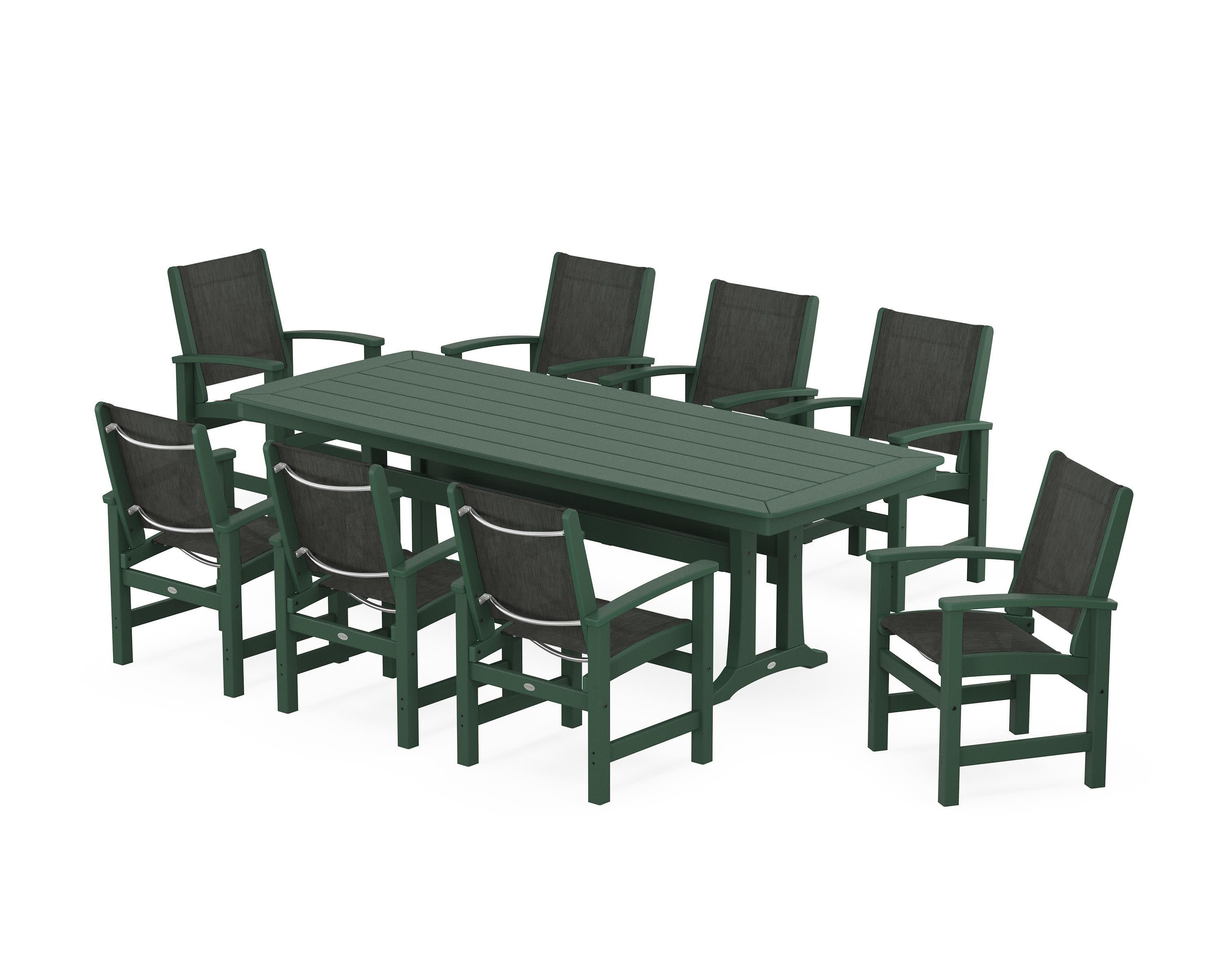 Coastal 9-Piece Dining Set with Trestle Legs in Green / Ember Sling
