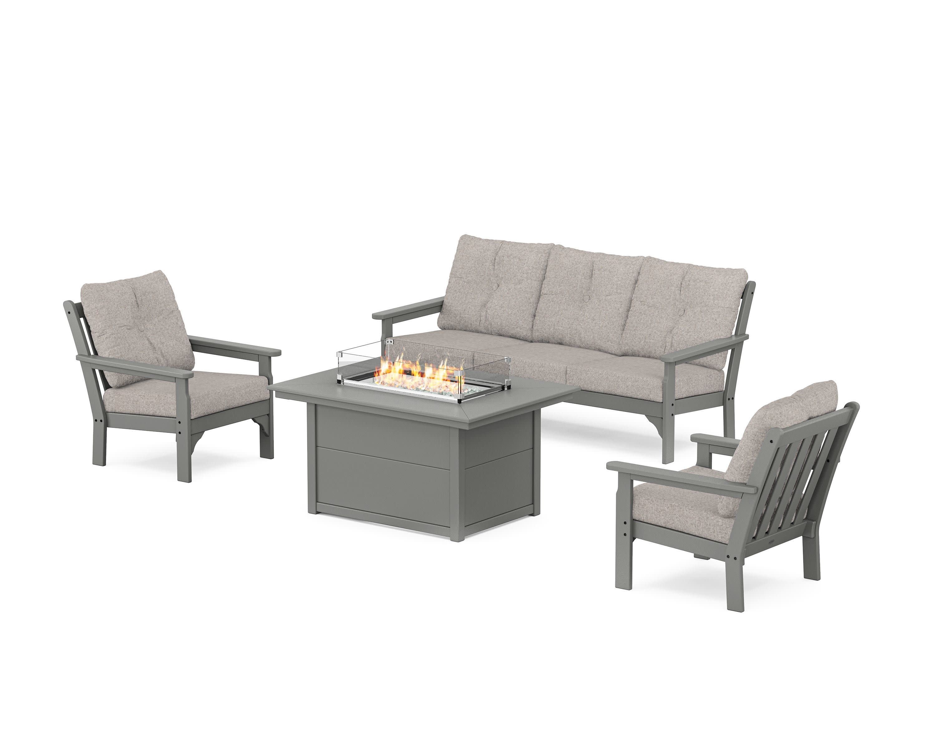 Vineyard Deep Seating Fire Pit Table Set in Slate Grey / Weathered Tweed