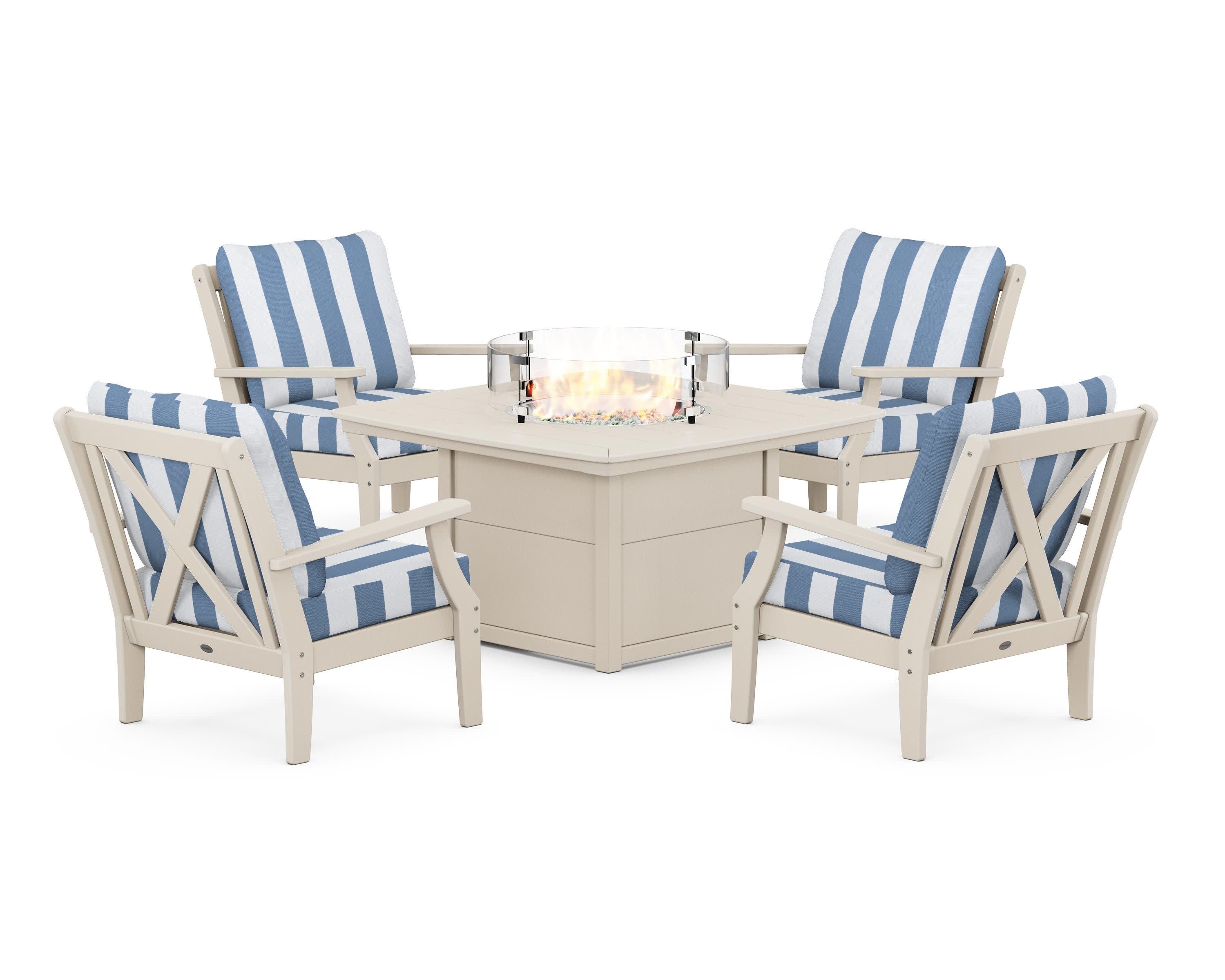 Braxton 5-Piece Deep Seating Conversation Set with Fire Pit Table in Sand / Cabana Stripe Sky Blue