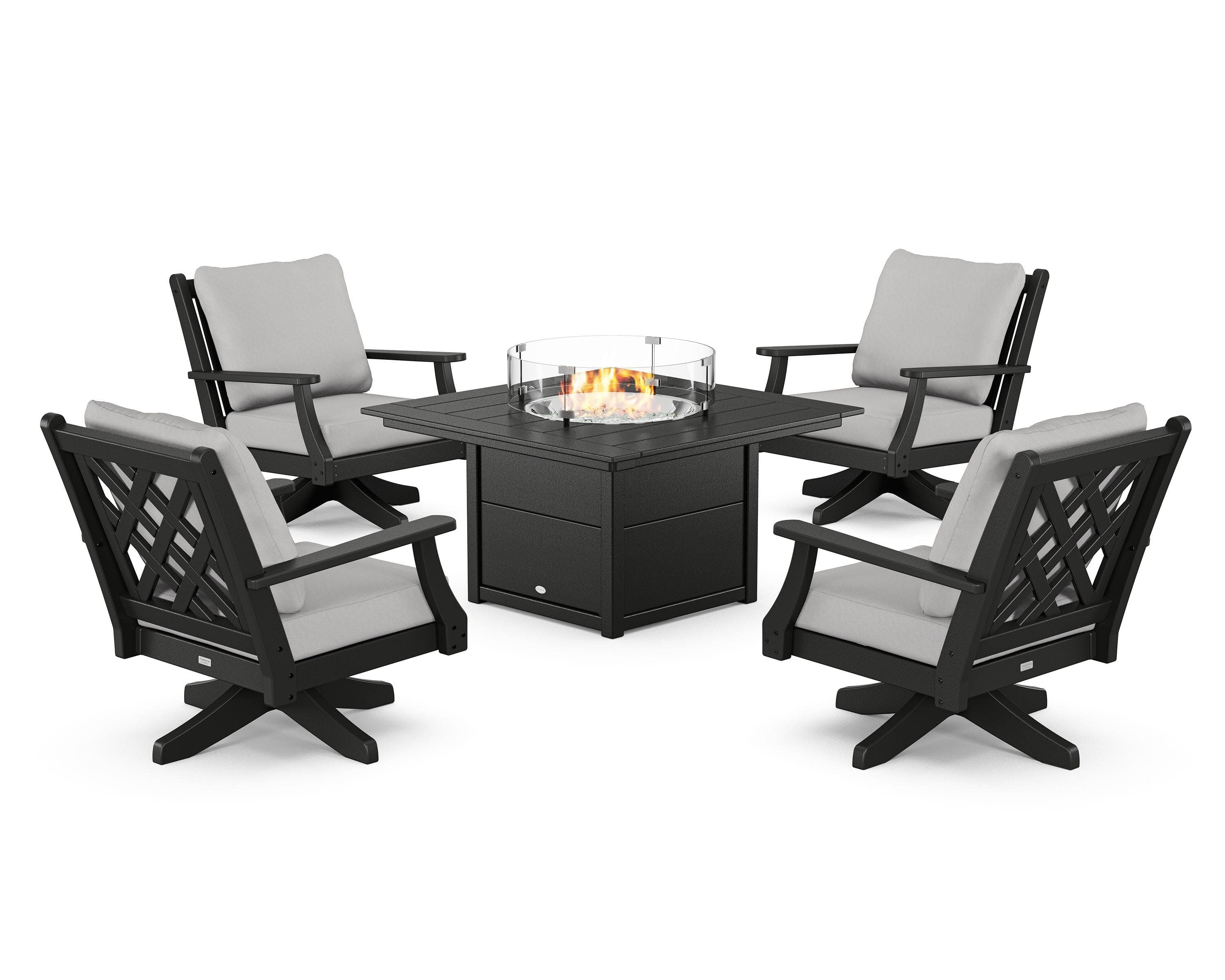 Wovendale 5-Piece Deep Seating Swivel Conversation Set with Fire Pit Table in Black / Diamond in the Rough