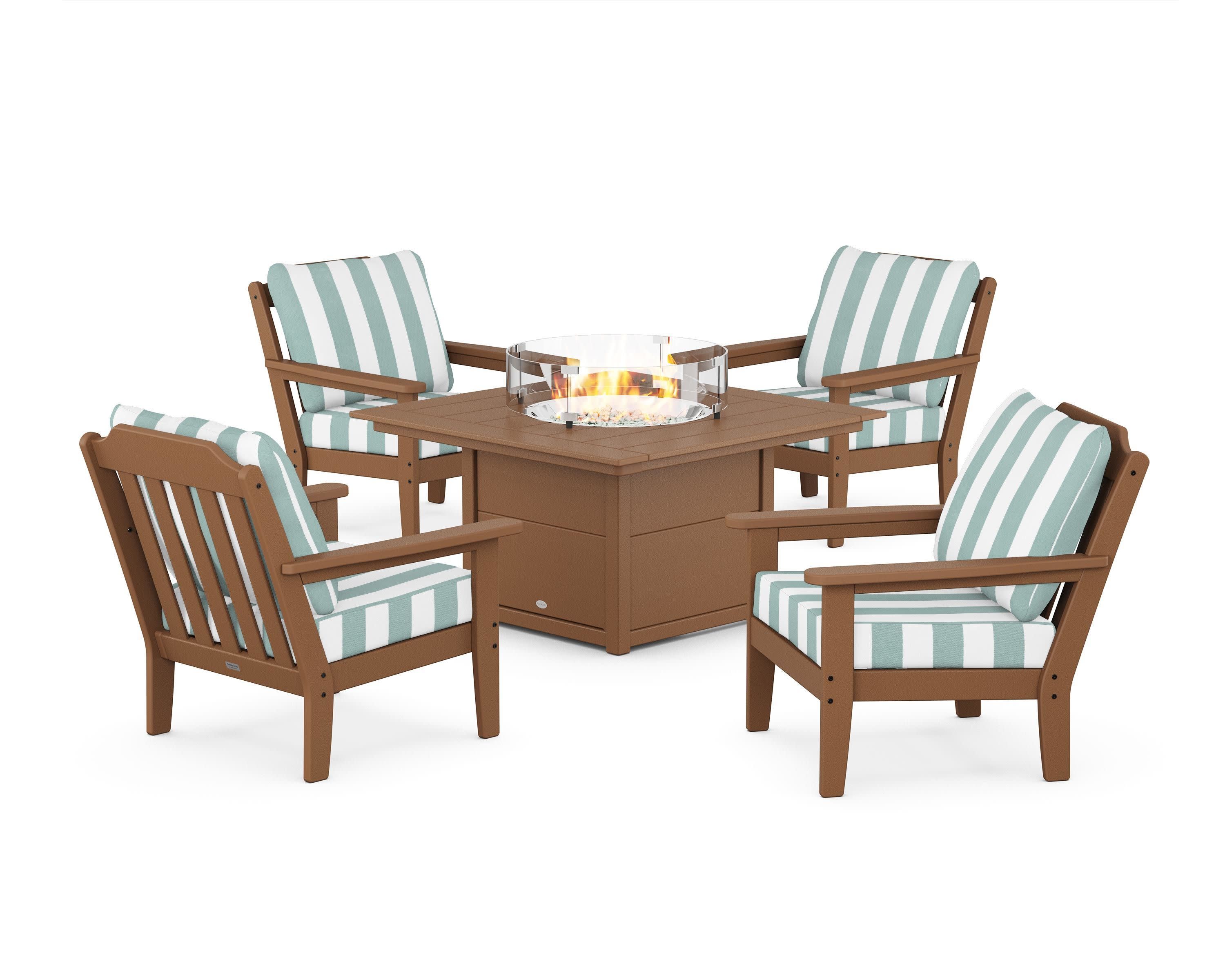 Cottage 5-Piece Deep Seating Set with Fire Pit Table in Teak / Cabana Stripe Glacier Spa