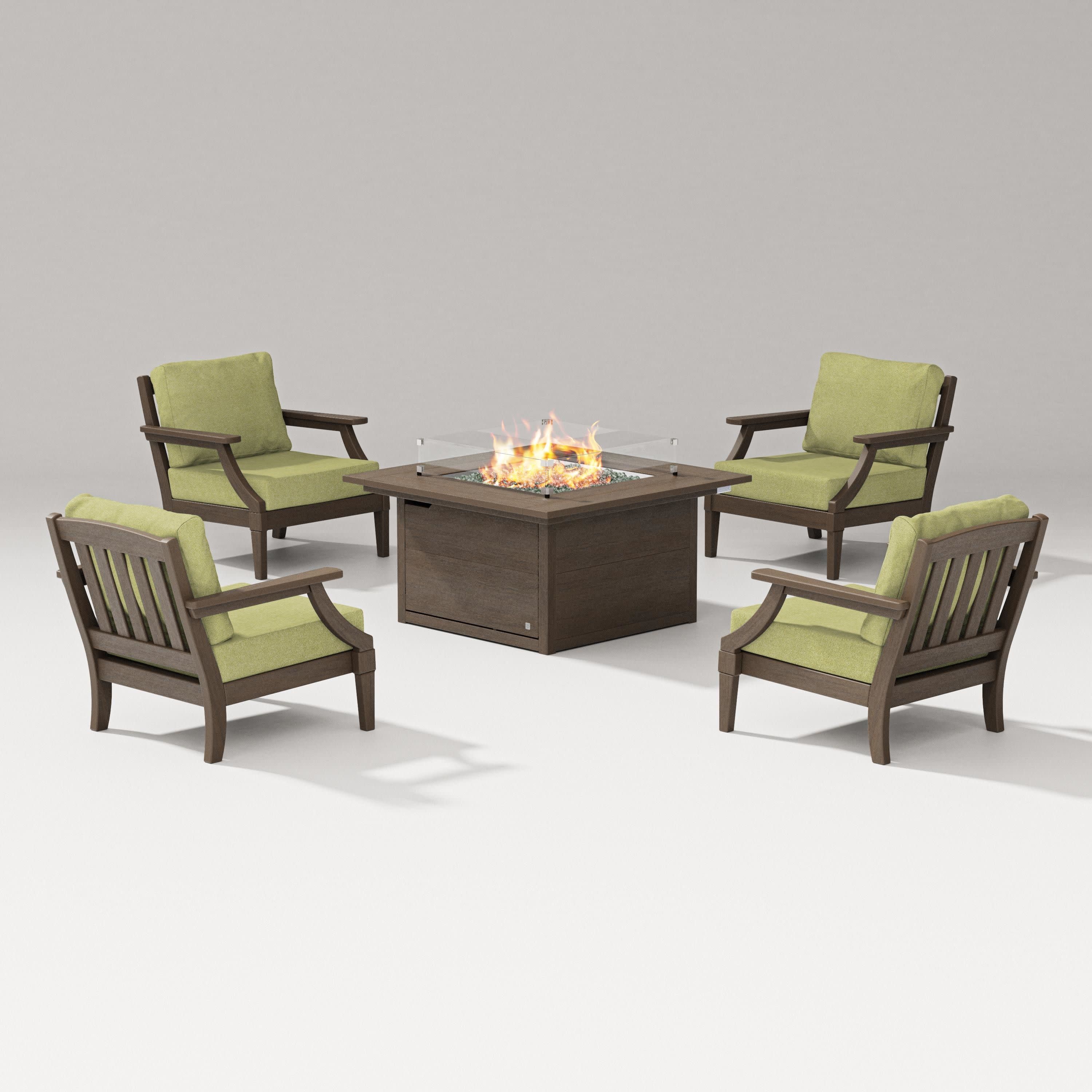 Estate 5-Piece Lounge Fire Table Set in Kona / Chartreuse Boucle