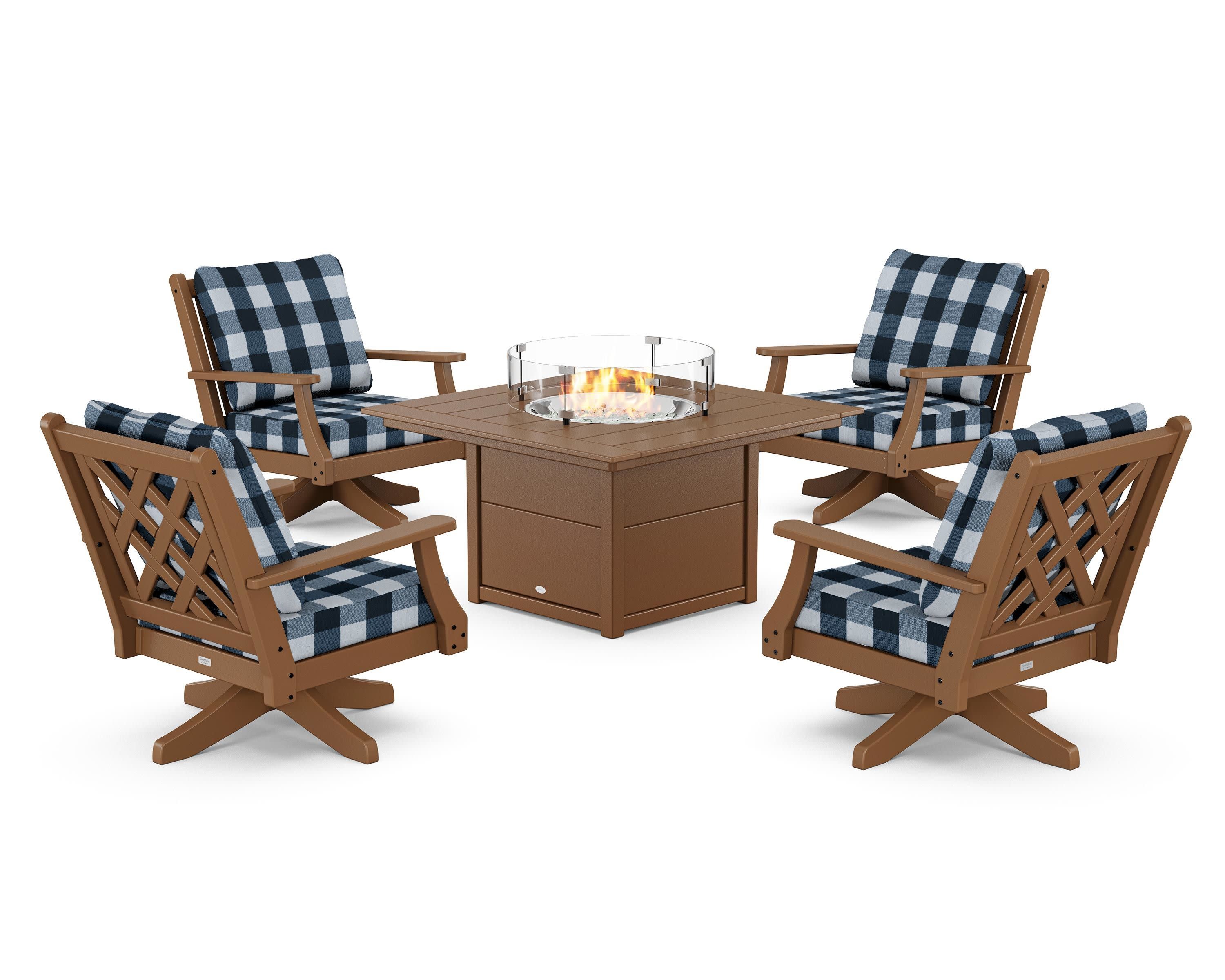 Wovendale 5-Piece Deep Seating Swivel Conversation Set with Fire Pit Table in Teak / Buffalo Plaid Marine Indigo