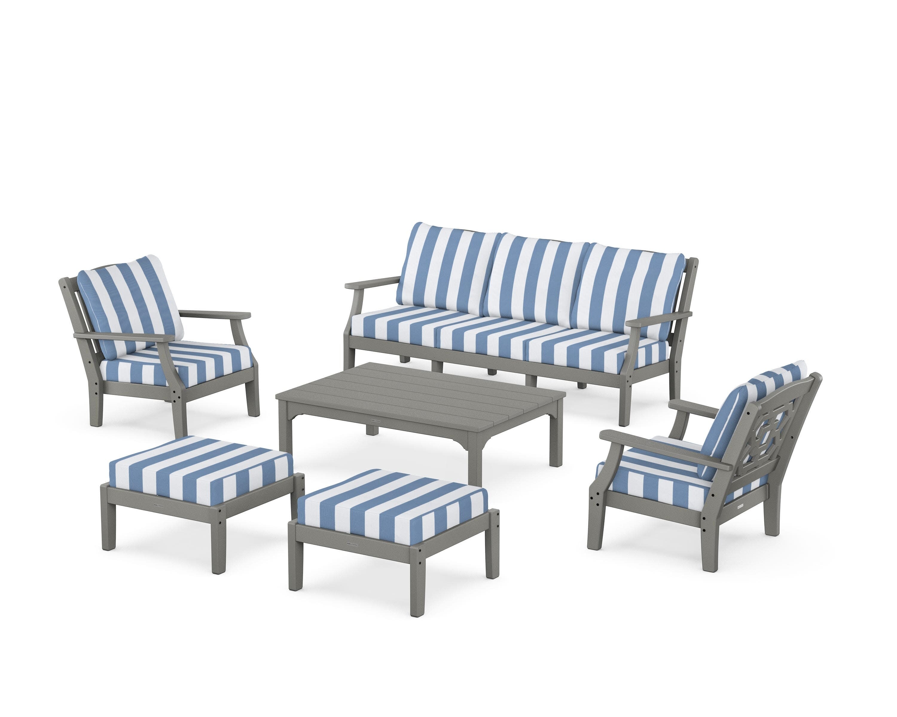 Chinoiserie 6-Piece Lounge Sofa Set in Slate Grey / Cabana Stripe Sky Blue