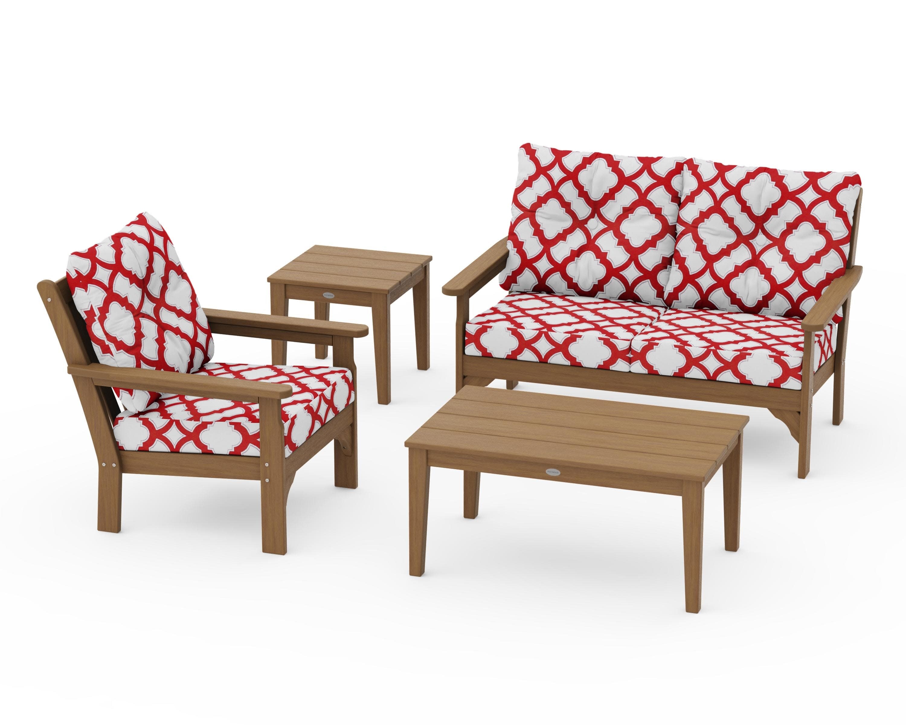 Vineyard 4-Piece Deep Seating Set in Natural / Trellis Crimson