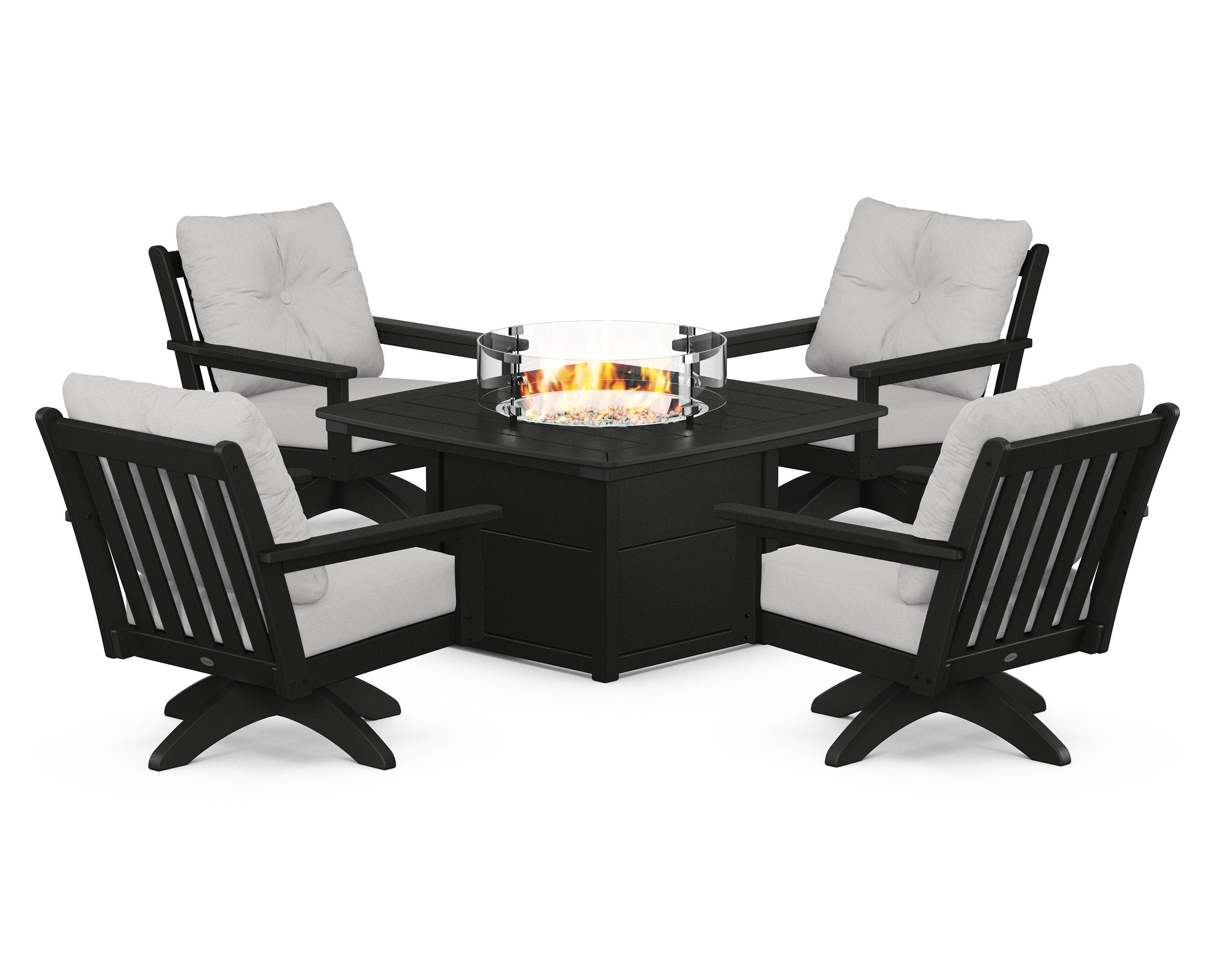 Vineyard 5-Piece Deep Seating Swivel Conversation Set with Fire Pit Table in Black / Diamond in the Rough