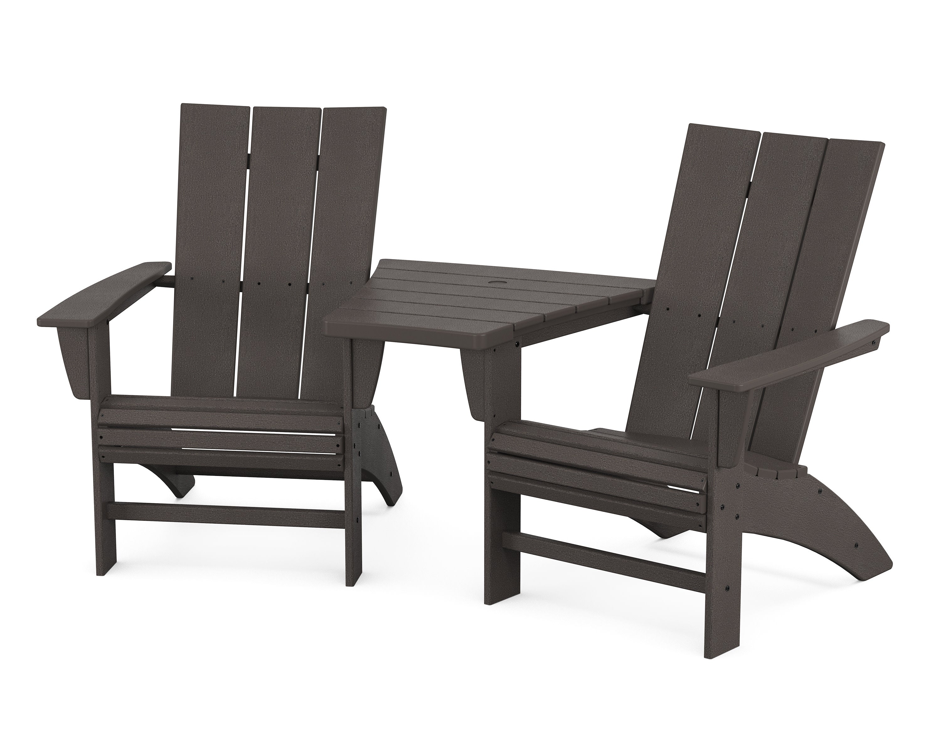 Modern 3-Piece Curveback Adirondack Set with Angled Connecting Table in Vintage Coffee