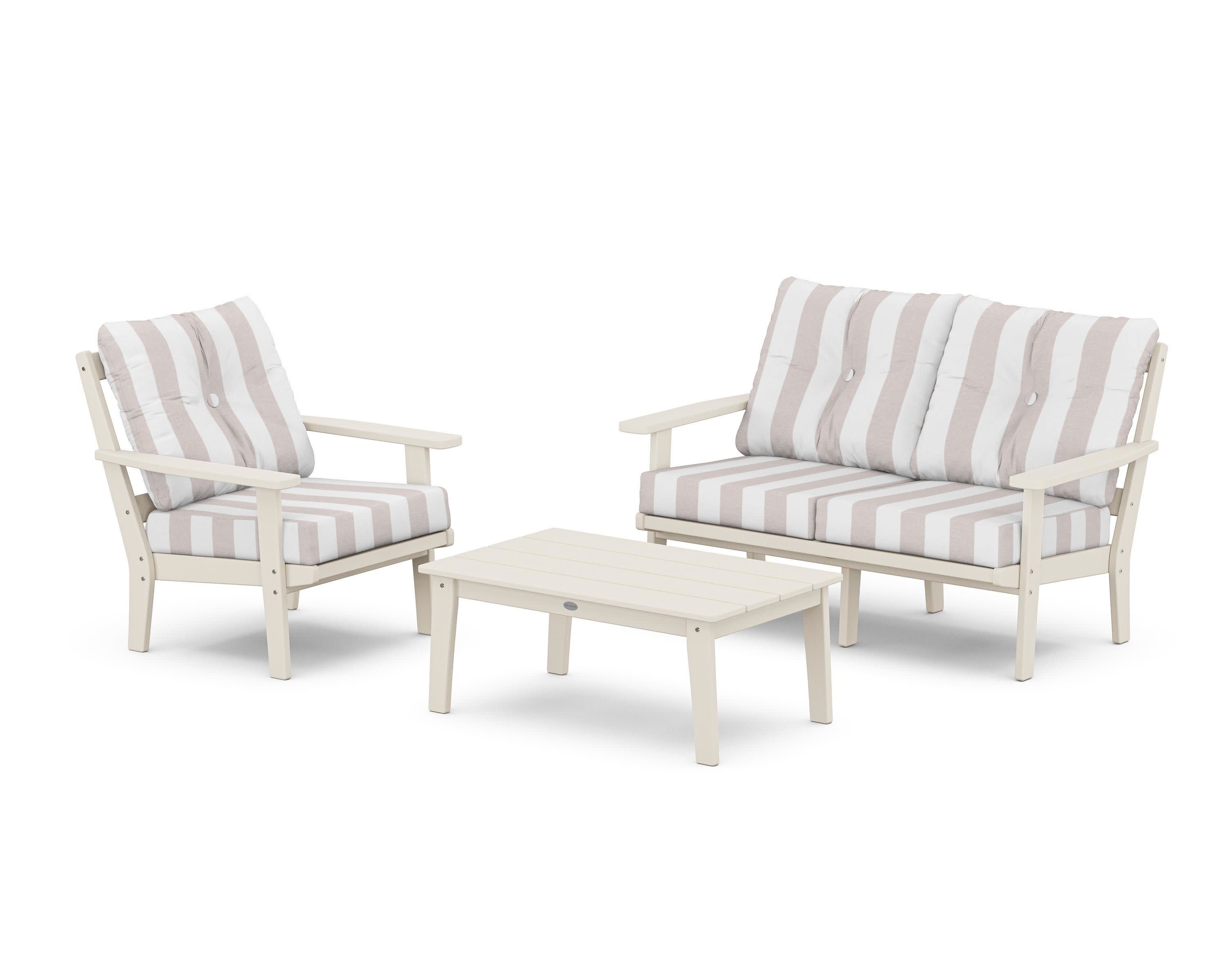 Oxford 3-Piece Deep Seating Set with Loveseat in Sand / Cabana Stripe Dune Burlap