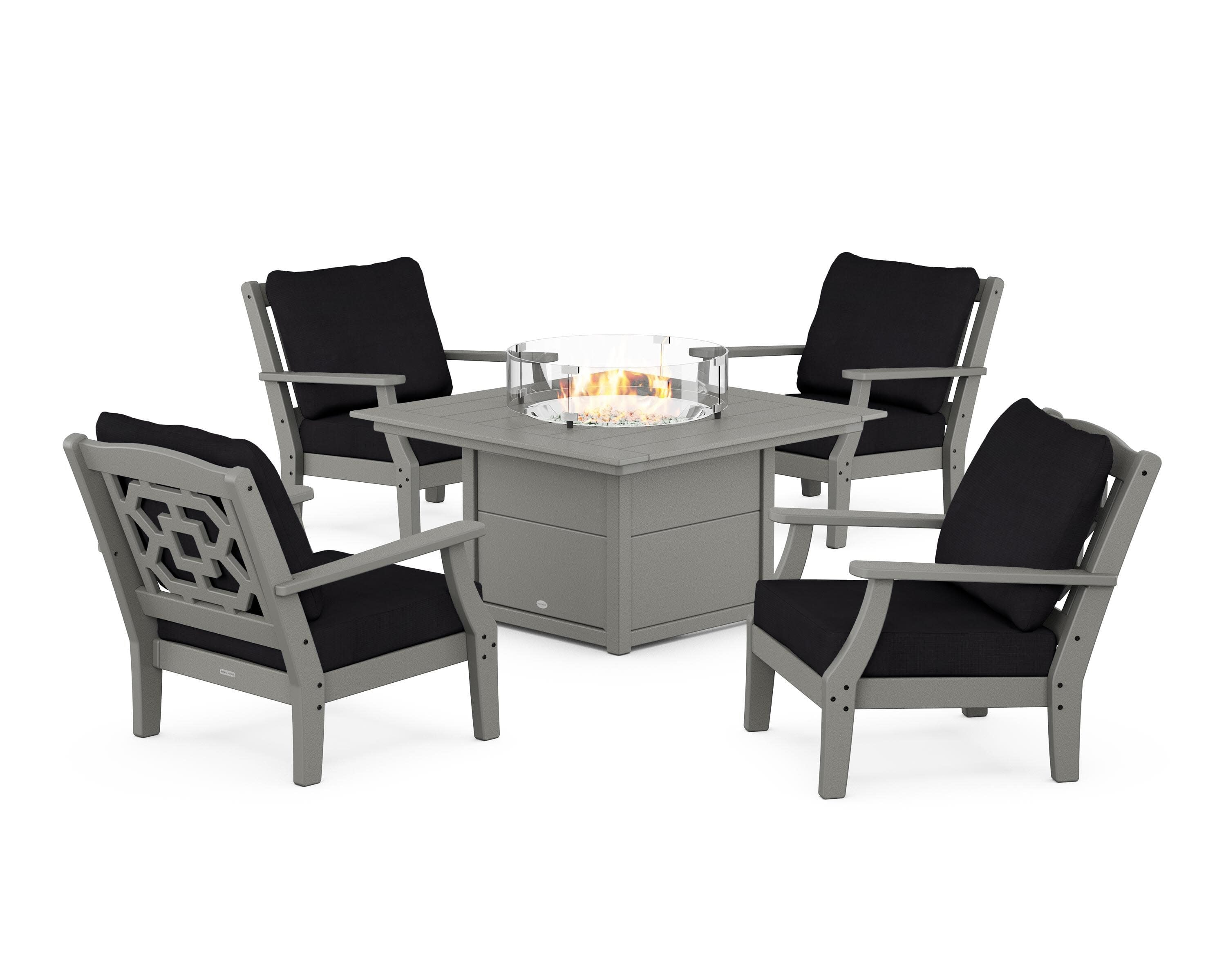 Chinoiserie 5-Piece Deep Seating Set with Fire Pit Table in Slate Grey / Midnight Linen