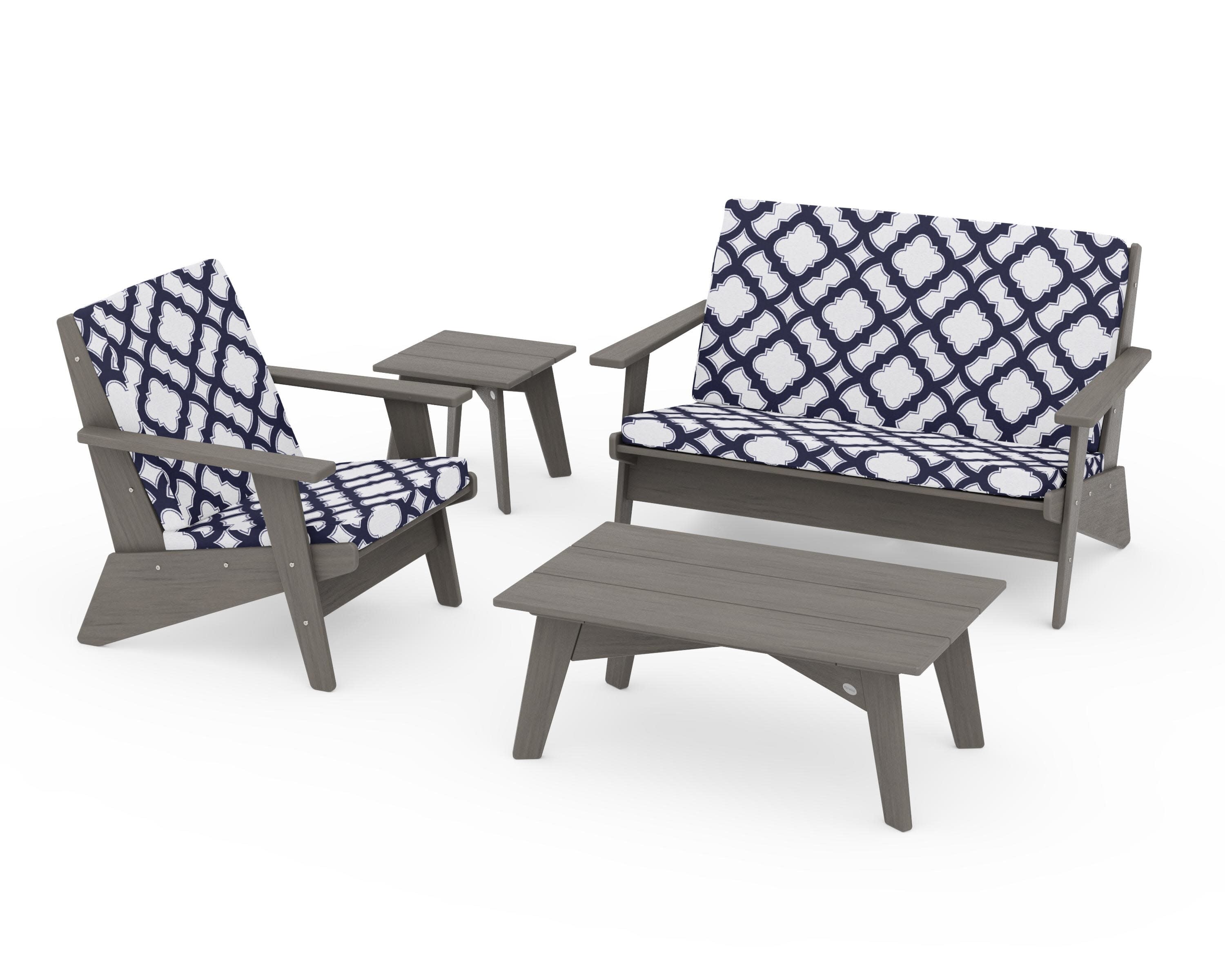 Riviera Modern Lounge 4-Piece Set in Driftwood / Trellis Navy