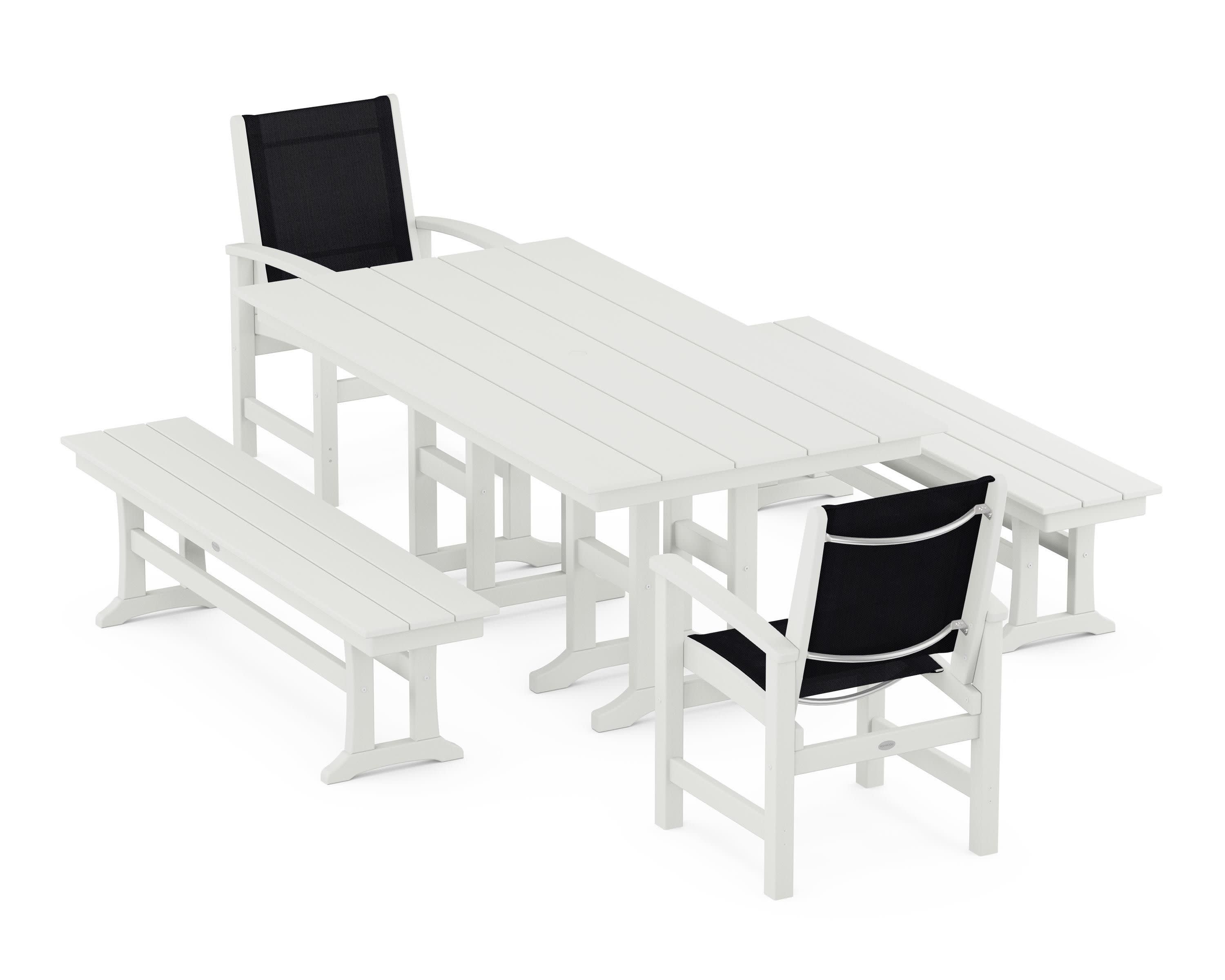 Coastal 5-Piece Farmhouse Dining Set in Vintage White / Black Sling