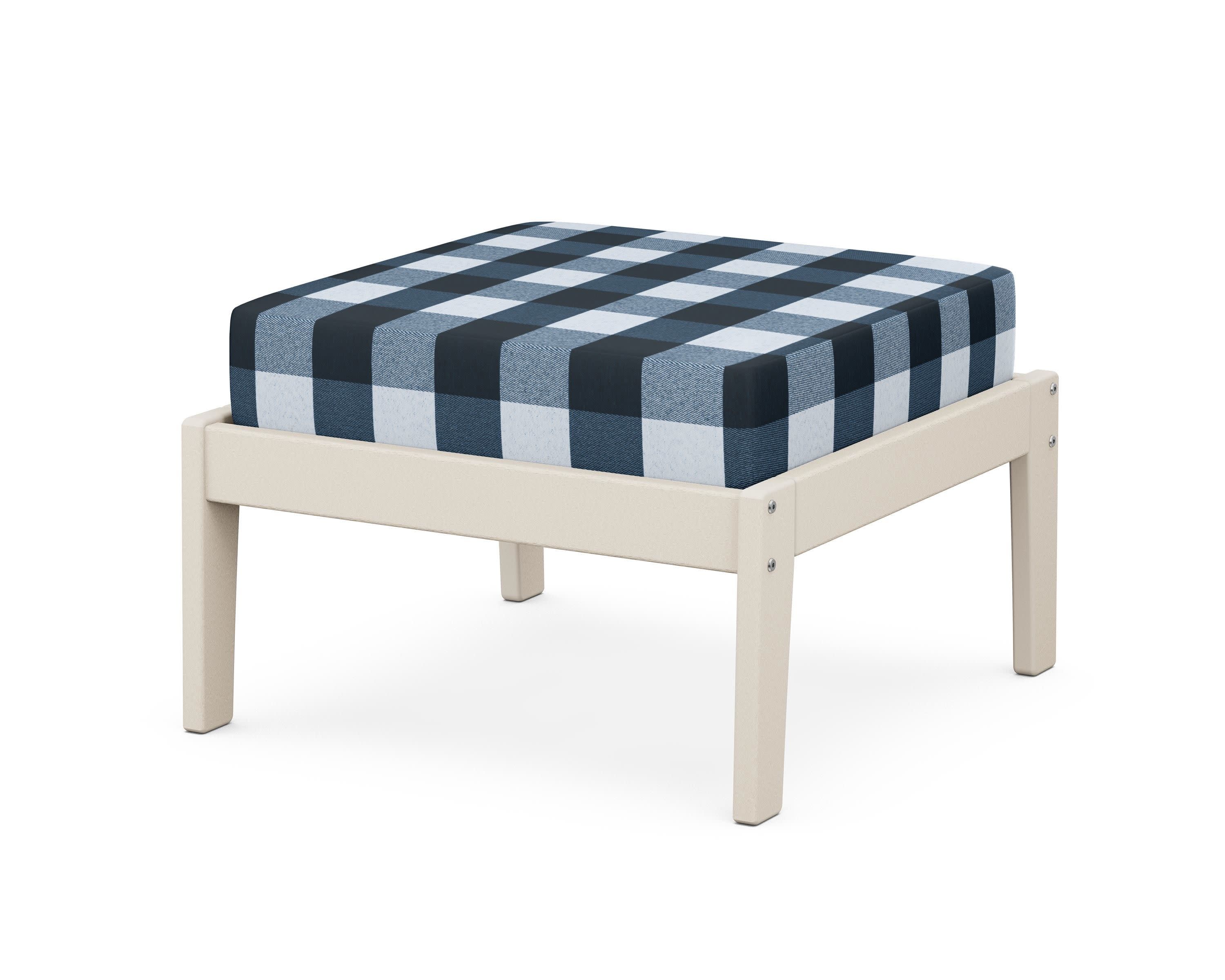 Deep Seating Ottoman in Sand / Buffalo Plaid Marine Indigo
