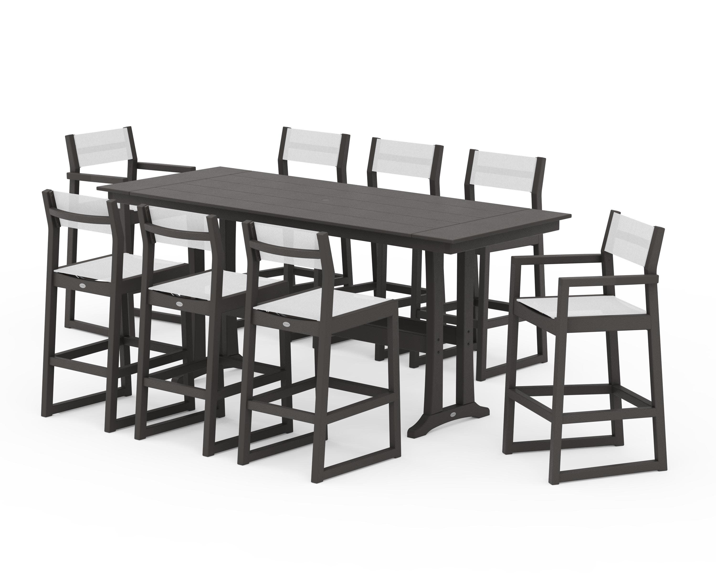 EDGE Sling 9-Piece Farmhouse Bar Set with Trestle Legs in Vintage Coffee / White Sling