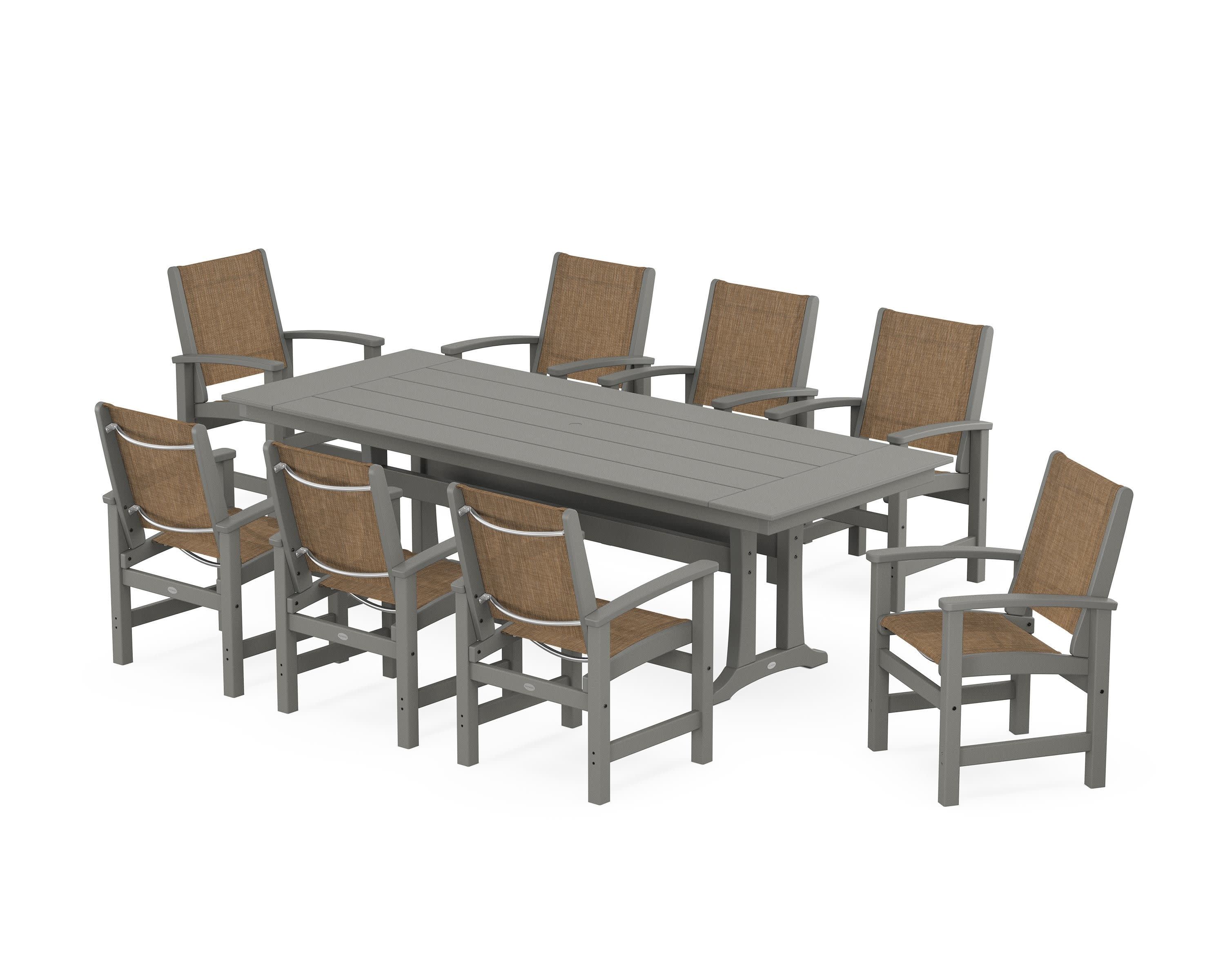 Coastal 9-Piece Farmhouse Dining Set with Trestle Legs in Slate Grey / Burlap Sling
