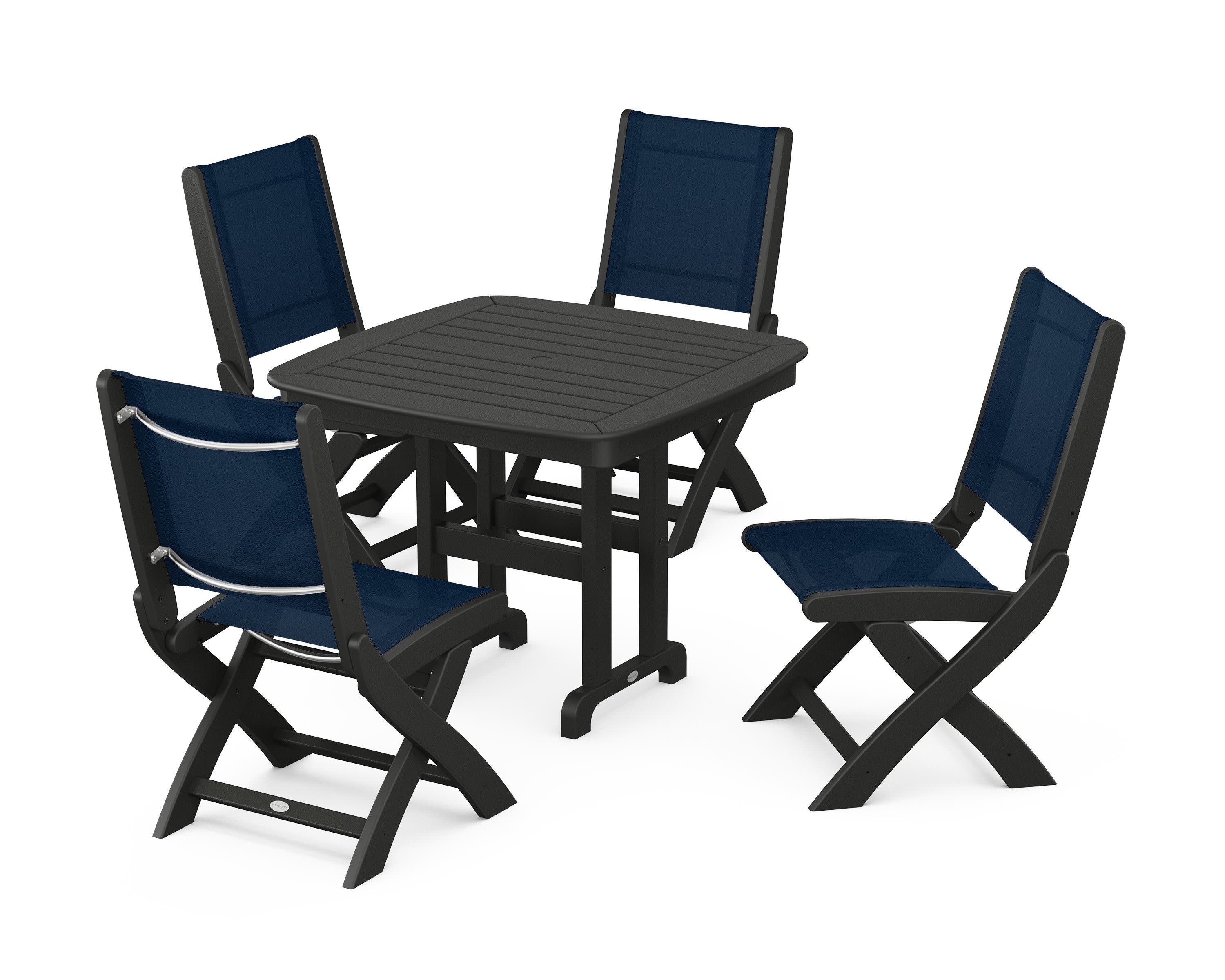 Coastal Folding Side Chair 5-Piece Dining Set in Black / Navy Blue Sling