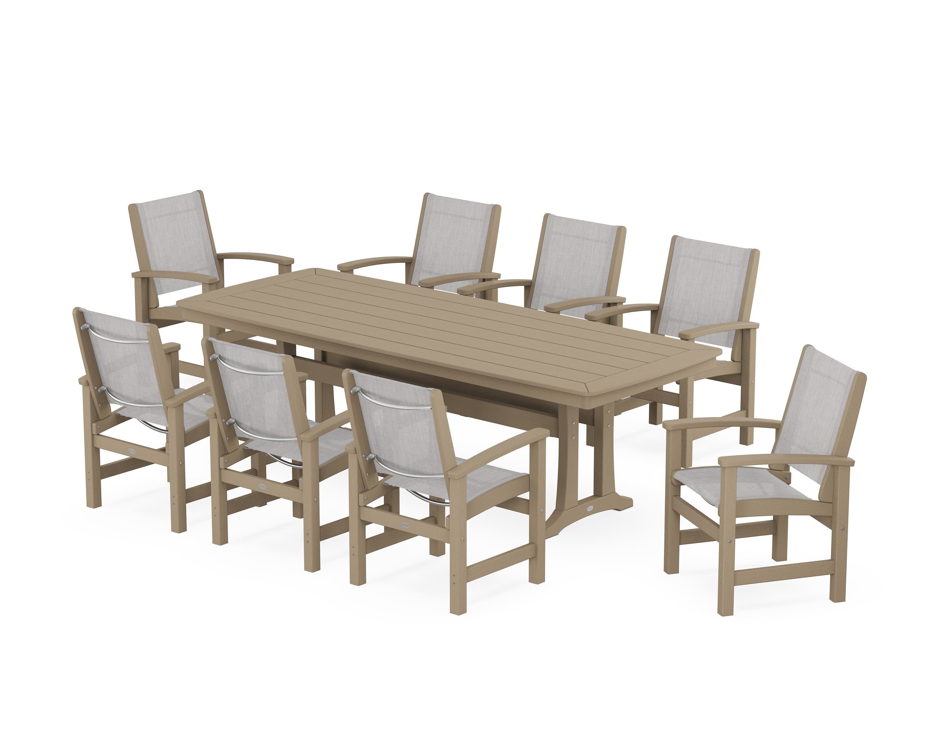 Coastal 9-Piece Dining Set with Trestle Legs in Vintage Sahara / Parchment Sling