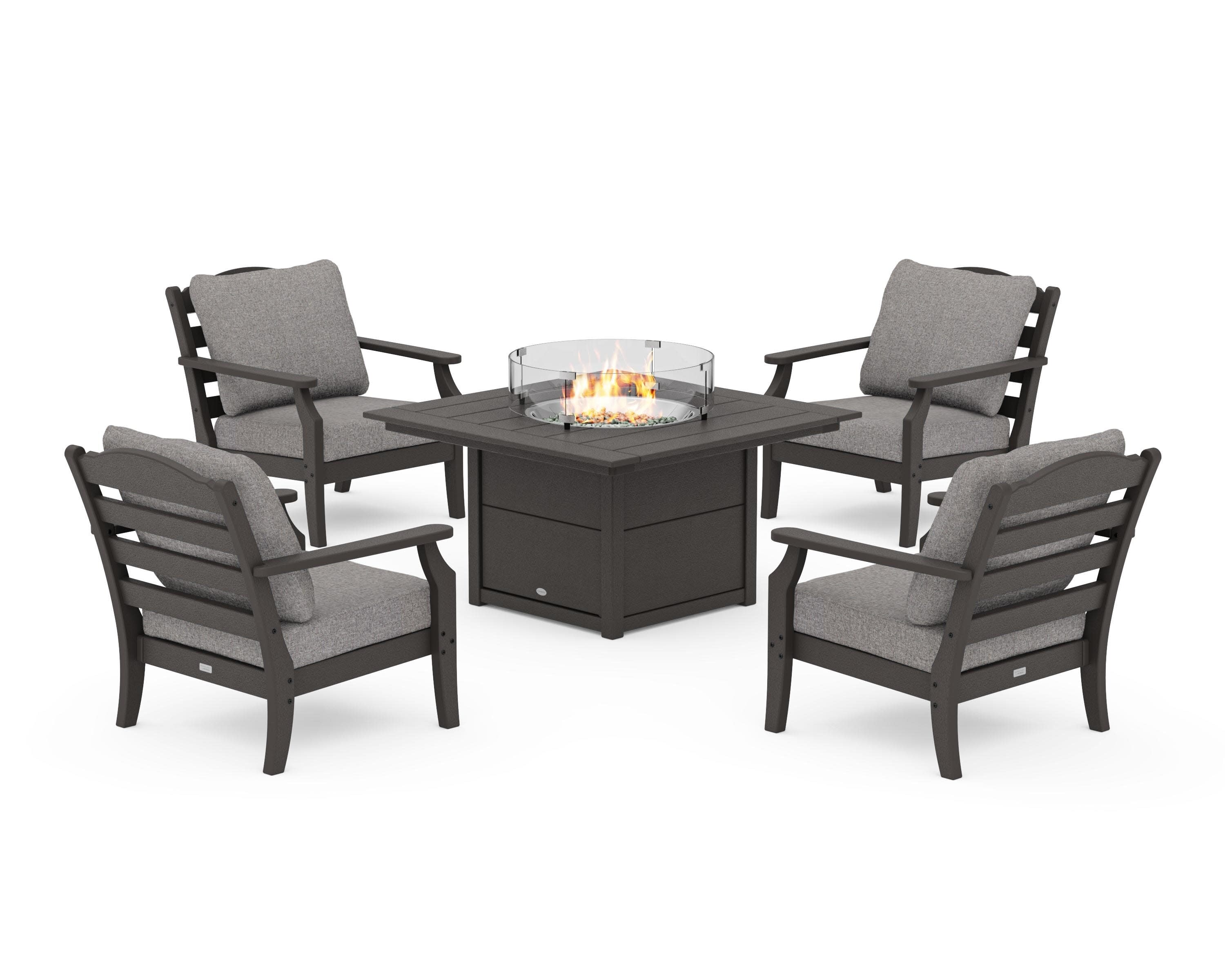 Savannah 5-Piece Deep Seating Set with Fire Pit Table in Vintage Coffee / Grey Mist