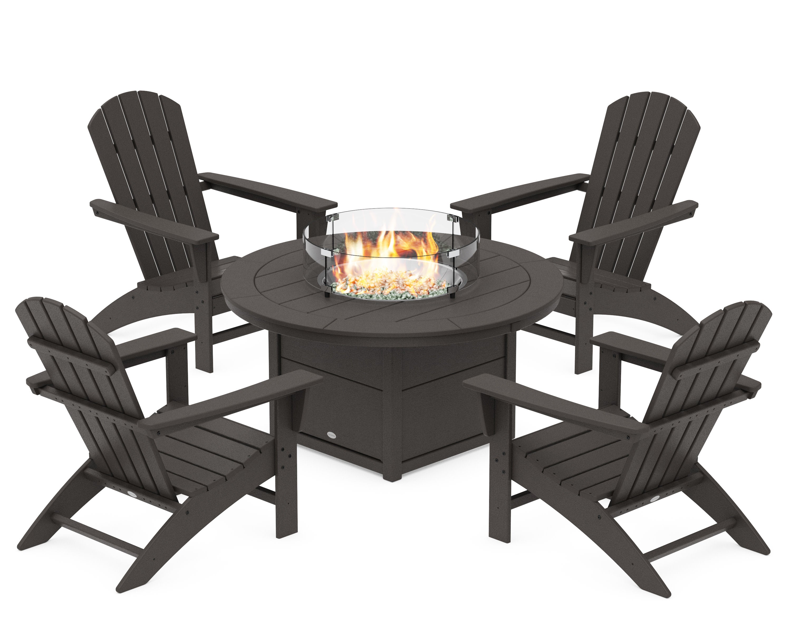Nautical 5-Piece Adirondack Chair Conversation Set with Fire Pit Table in Vintage Coffee
