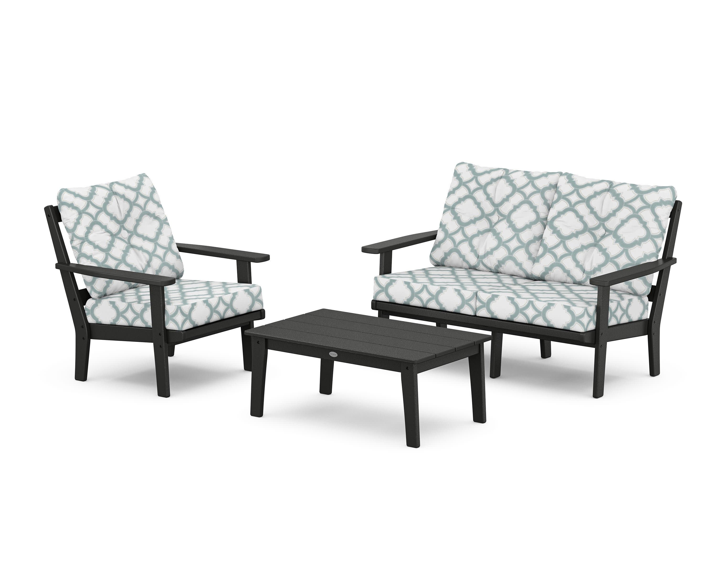 Oxford 3-Piece Deep Seating Set with Loveseat in Black / Trellis Glacier Spa
