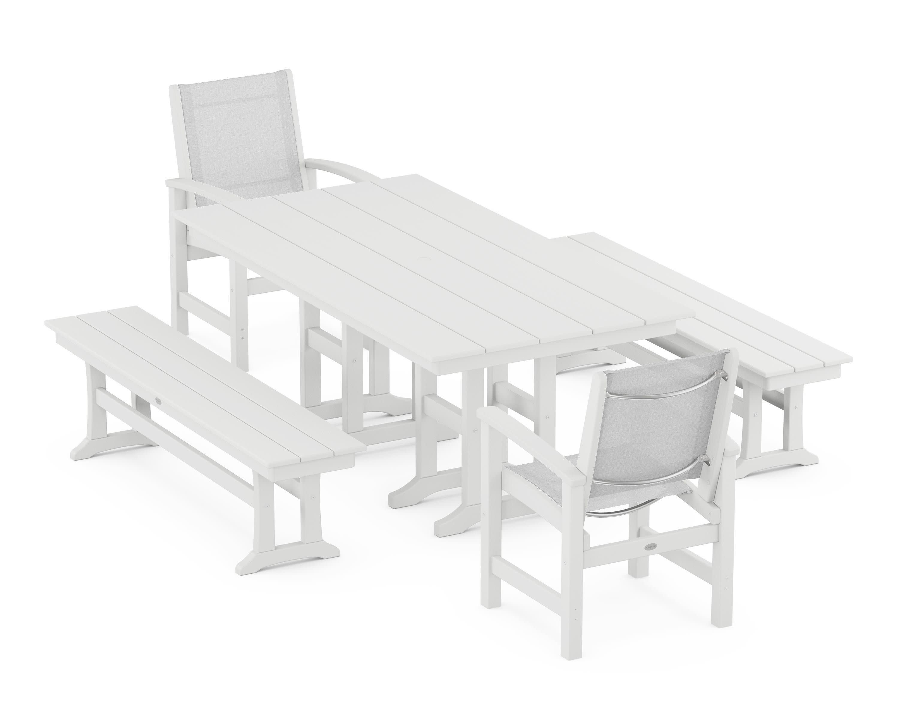 Coastal 5-Piece Farmhouse Dining Set in White / White Sling