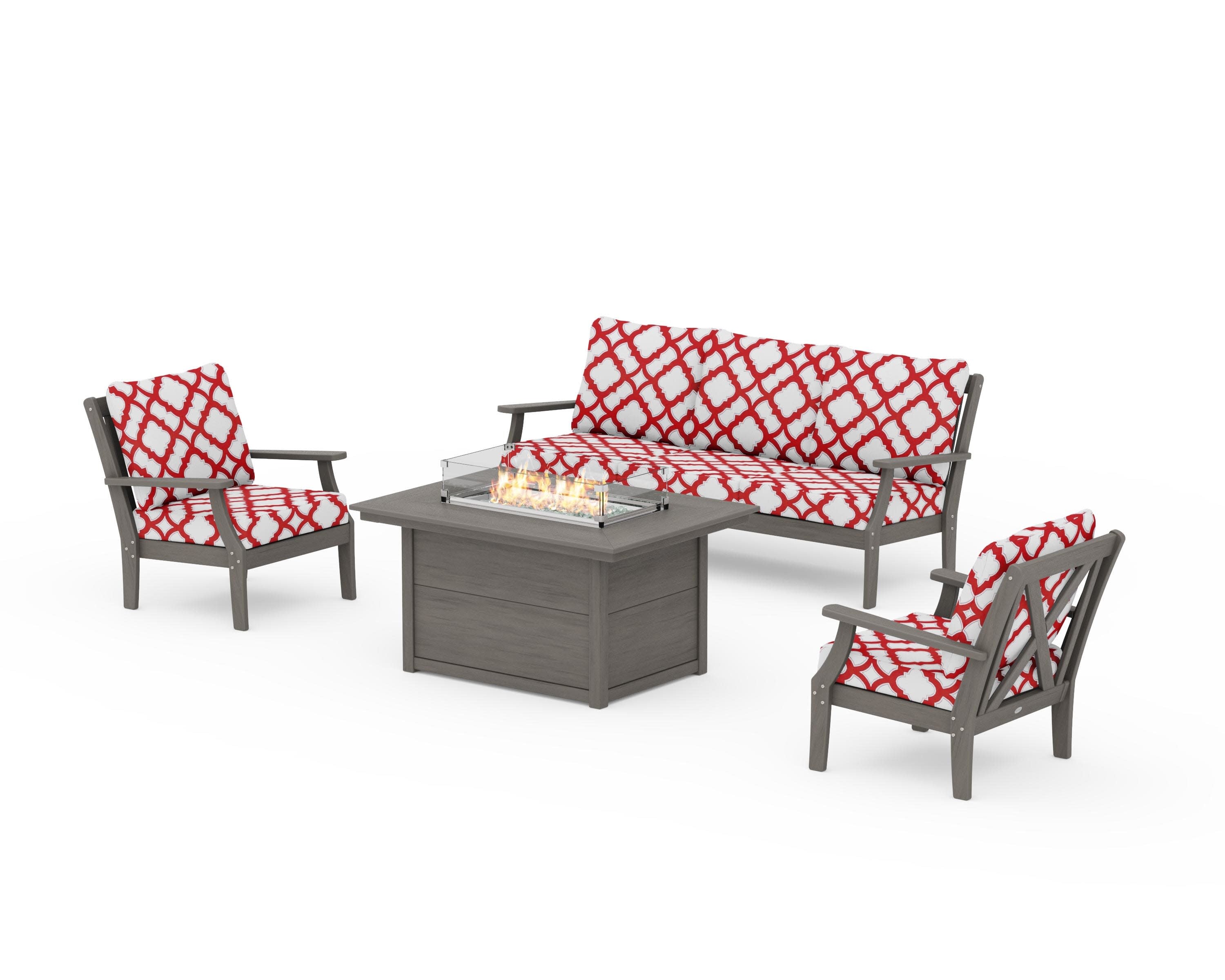 Braxton Deep Seating Fire Pit Table Set in Driftwood / Trellis Crimson