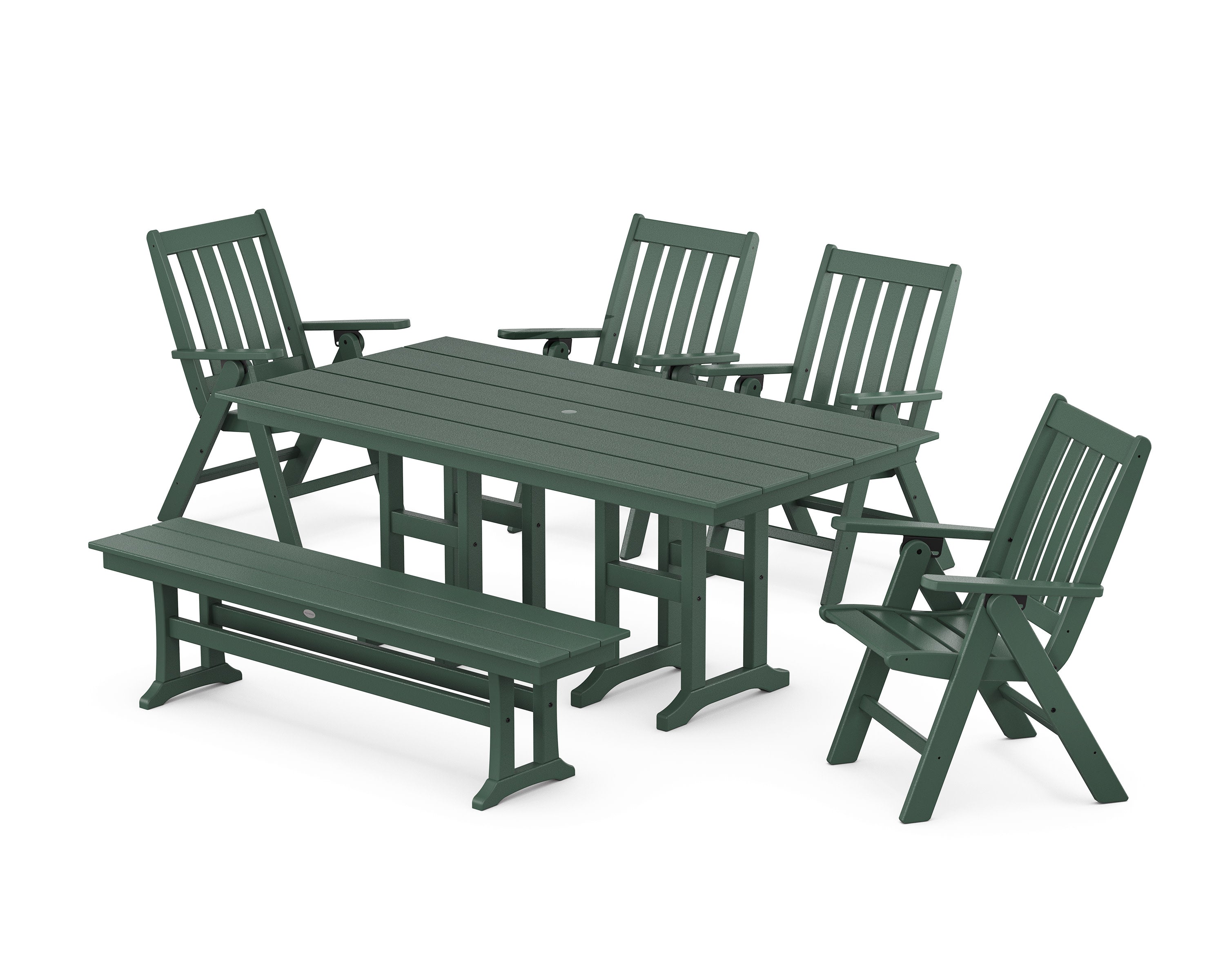 Vineyard Folding Chair 6-Piece Farmhouse Dining Set with Bench in Green