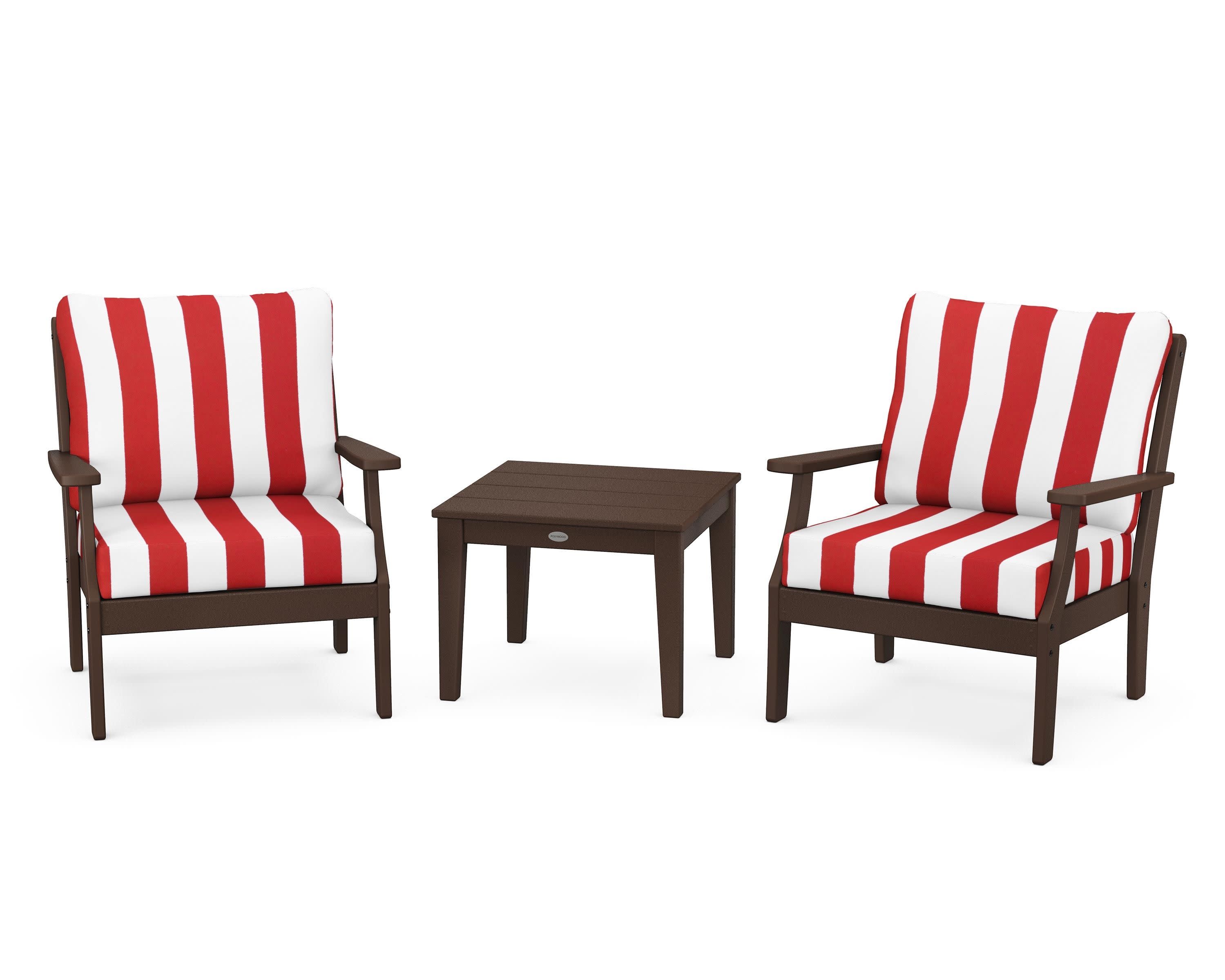 Braxton 3-Piece Deep Seating Set in Mahogany / Cabana Stripe Crimson