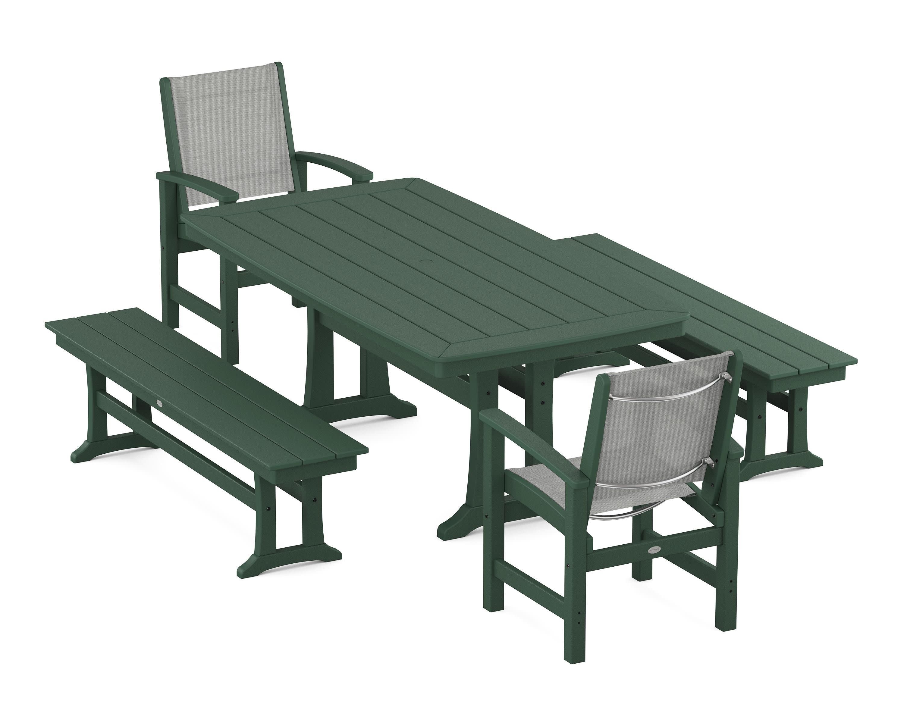 Coastal 5-Piece Dining Set with Trestle Legs and Benches in Green / Metallic Sling