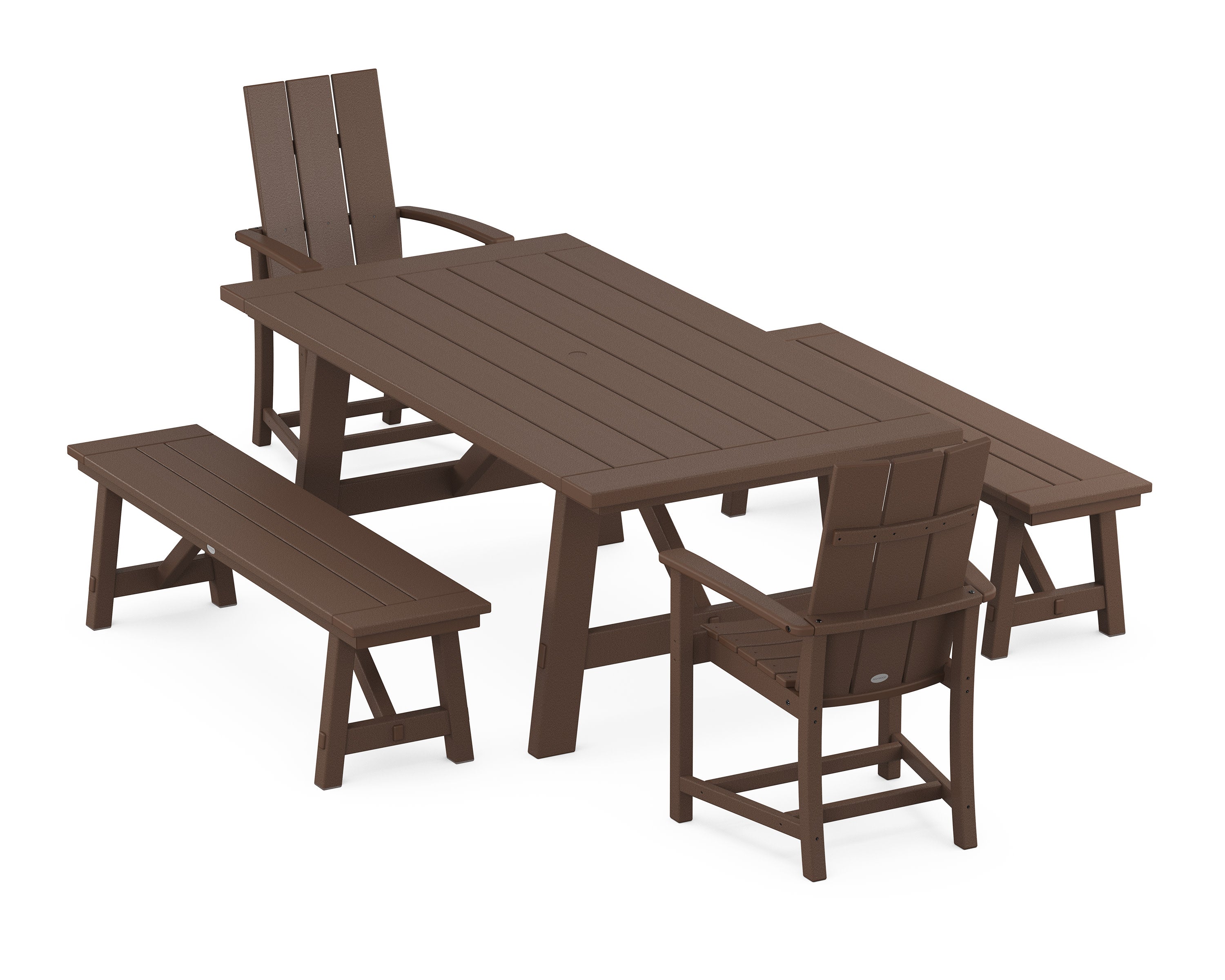 Modern Adirondack 5-Piece Rustic Farmhouse Dining Set With Benches in Mahogany