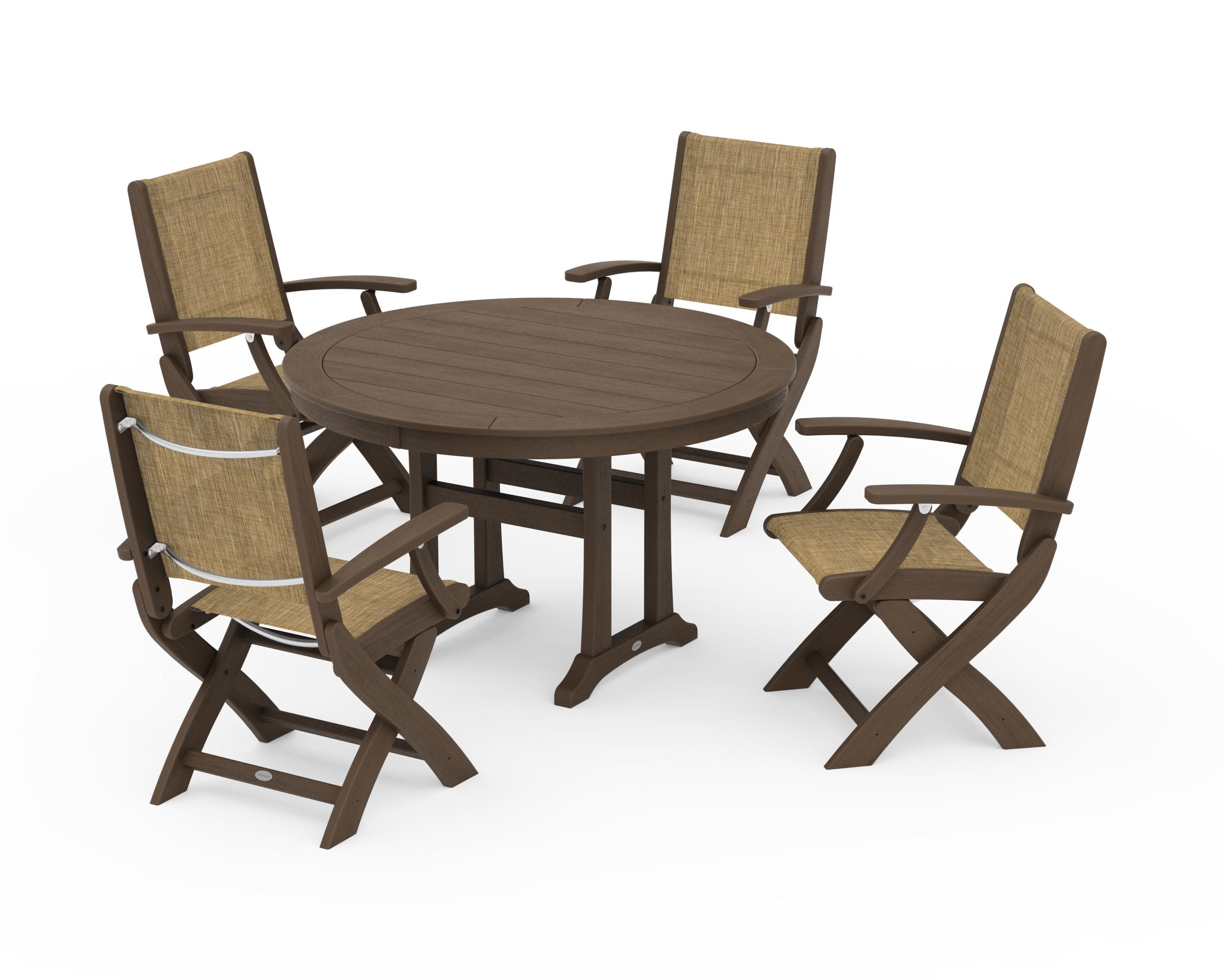 Coastal Folding Chair 5-Piece Round Dining Set with Trestle Legs in Kona / Burlap Sling