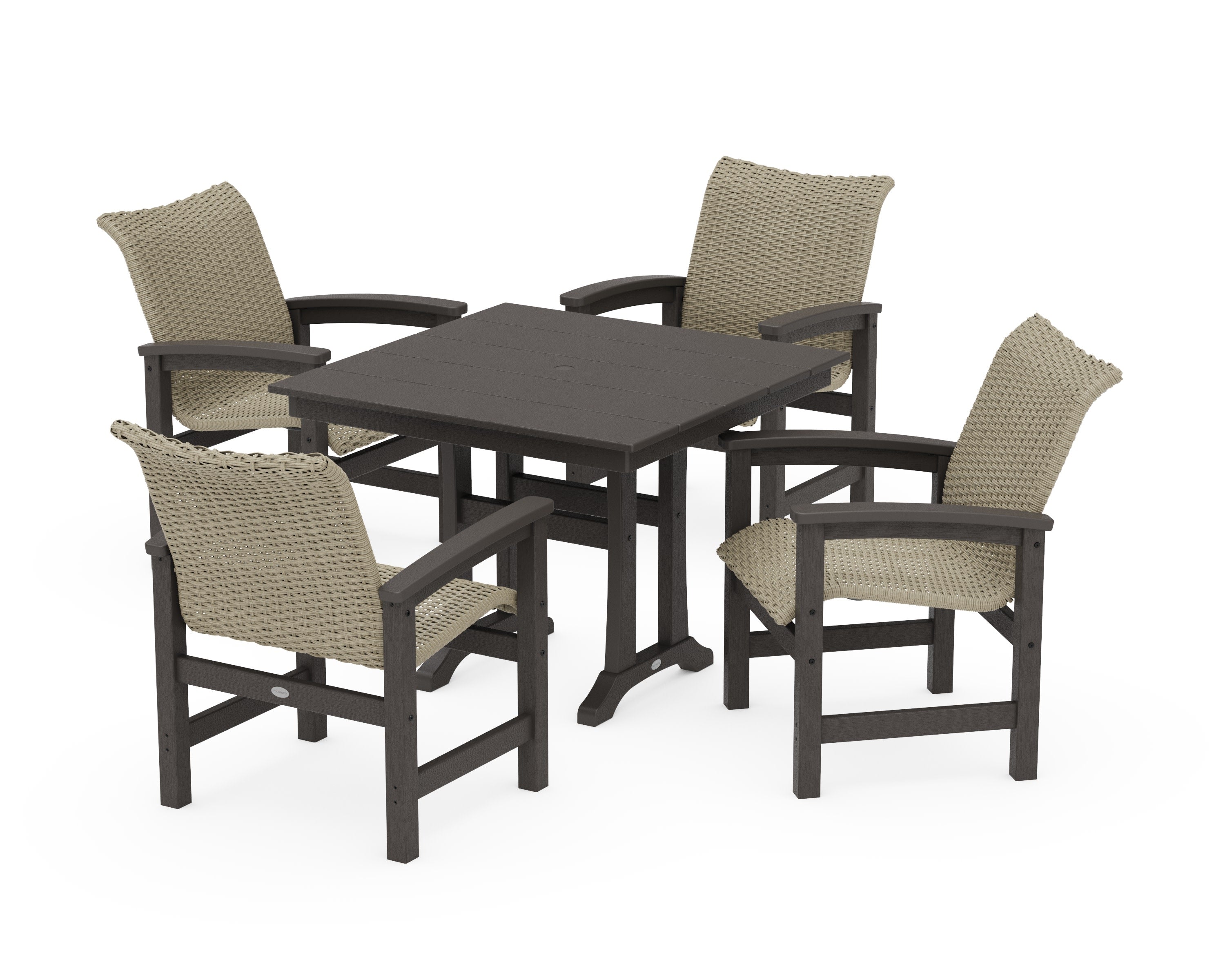 Coastal Woven 5-Piece Farmhouse Dining Set with Trestle Legs in Vintage Coffee / Dune Grass