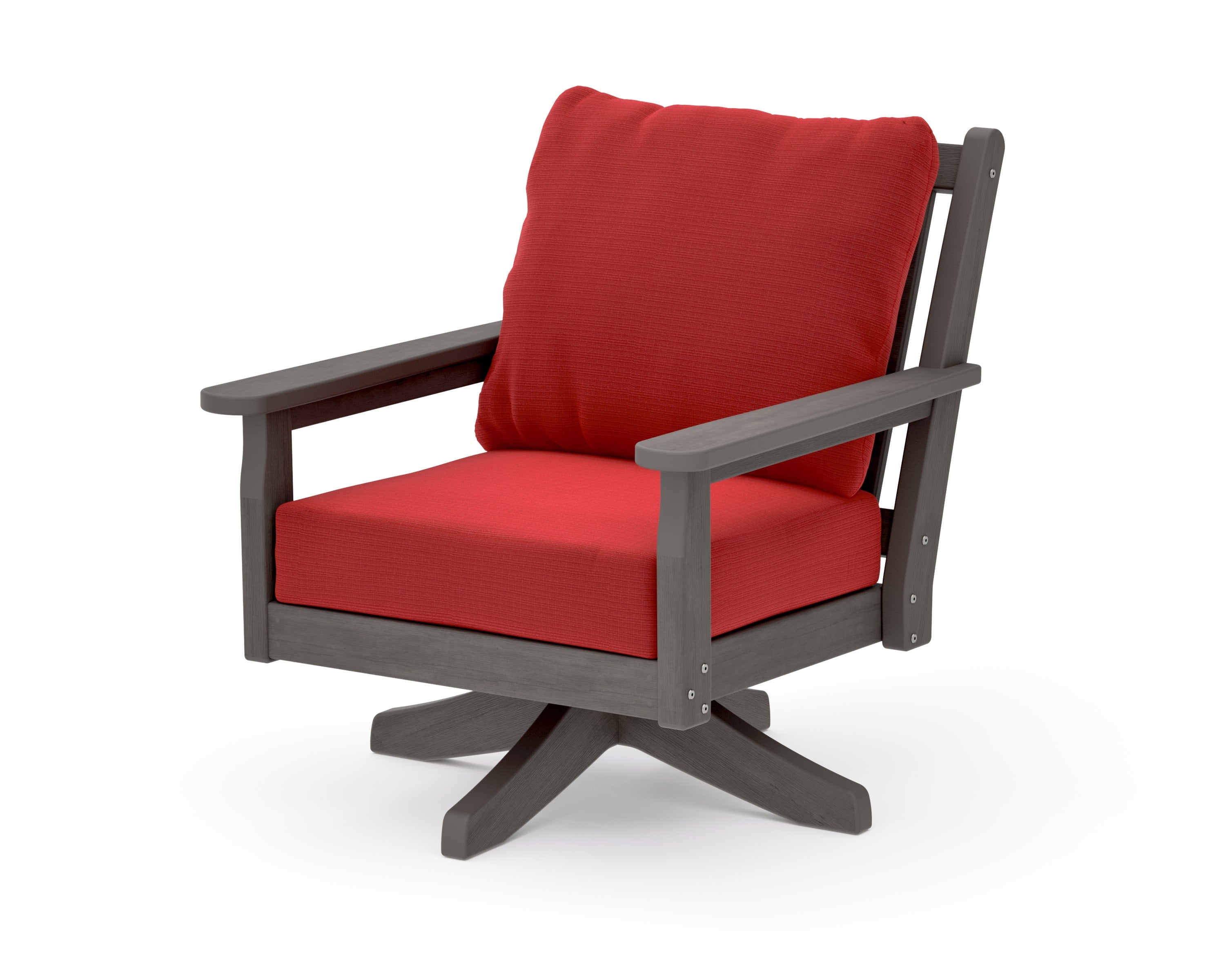 Chippendale Deep Seating Swivel Chair in Driftwood / Crimson Linen