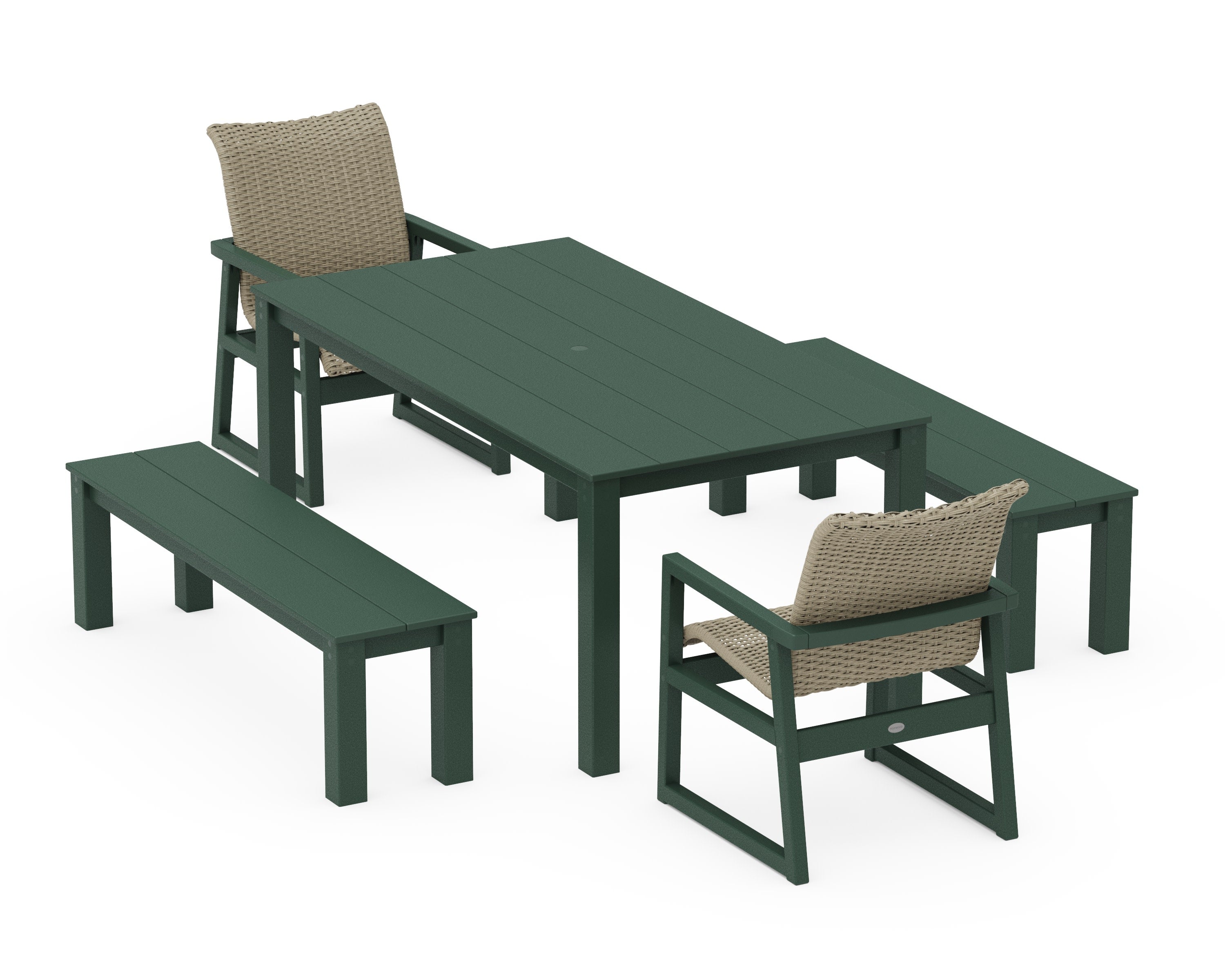 EDGE Woven 5-Piece Parsons Dining Set with Benches in Green / Dune Grass