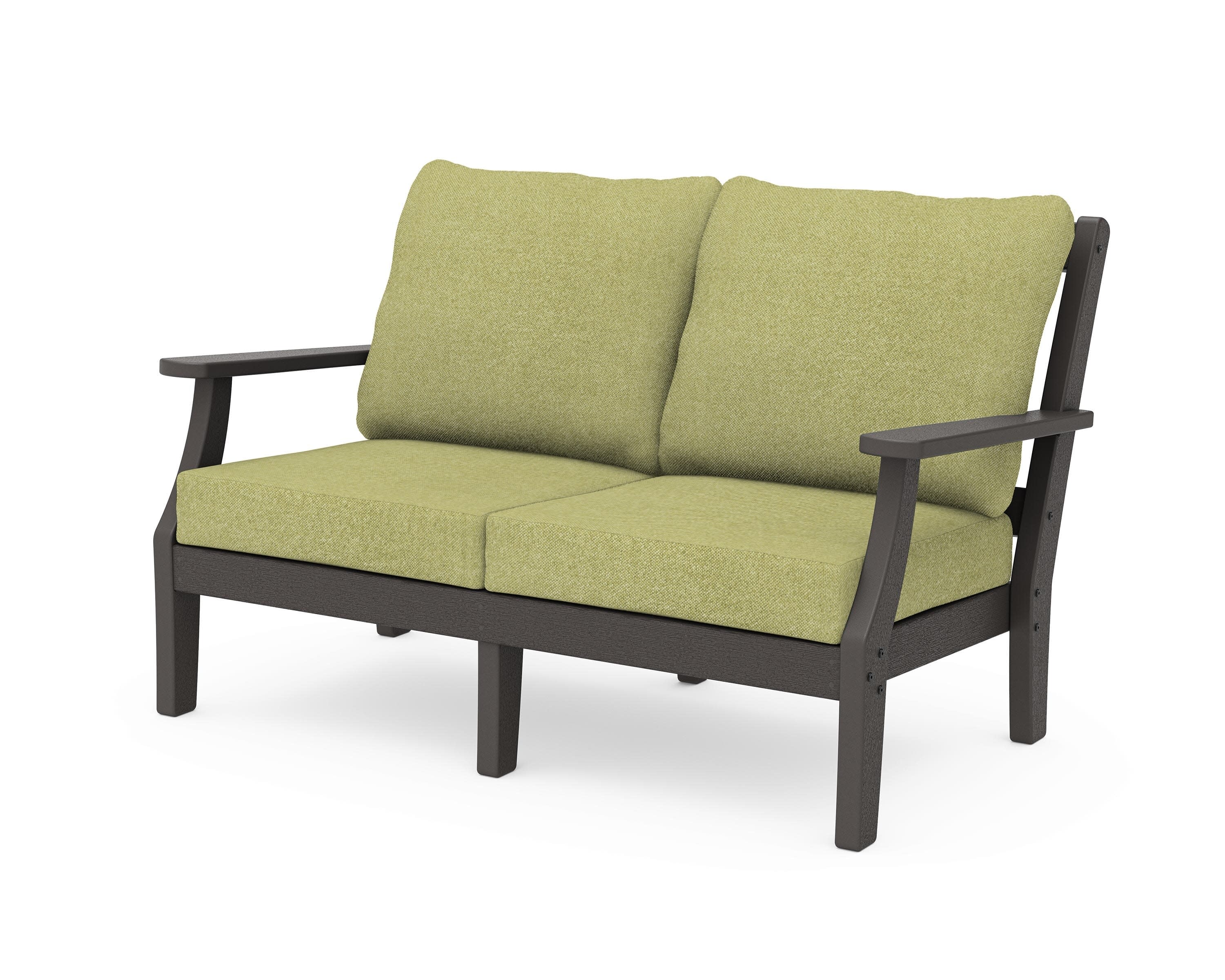 Chinoiserie Deep Seating Loveseat in Vintage Coffee / Chartreuse Boucle