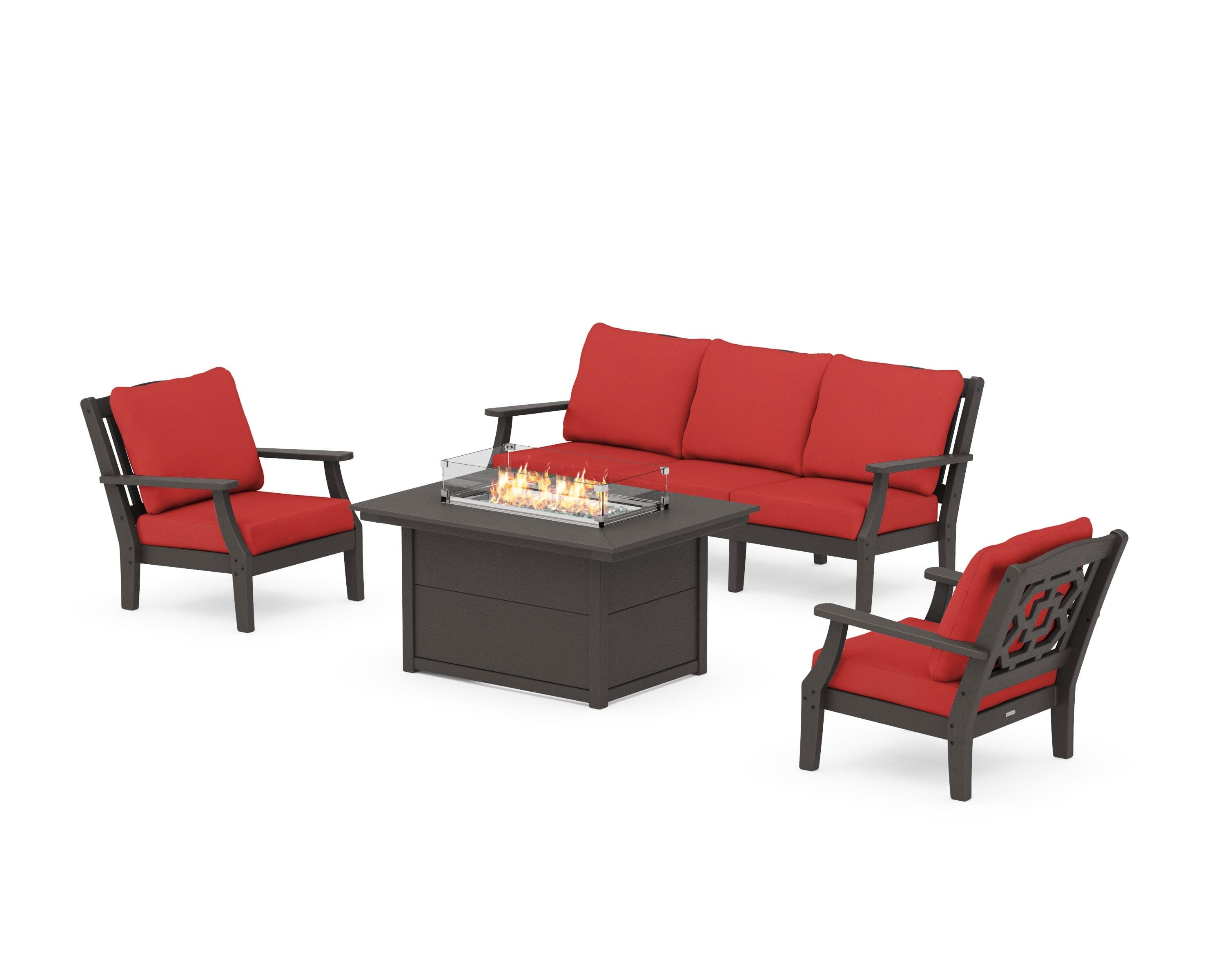 Chinoiserie Deep Seating Fire Pit Table Set in Vintage Coffee / Crimson Linen