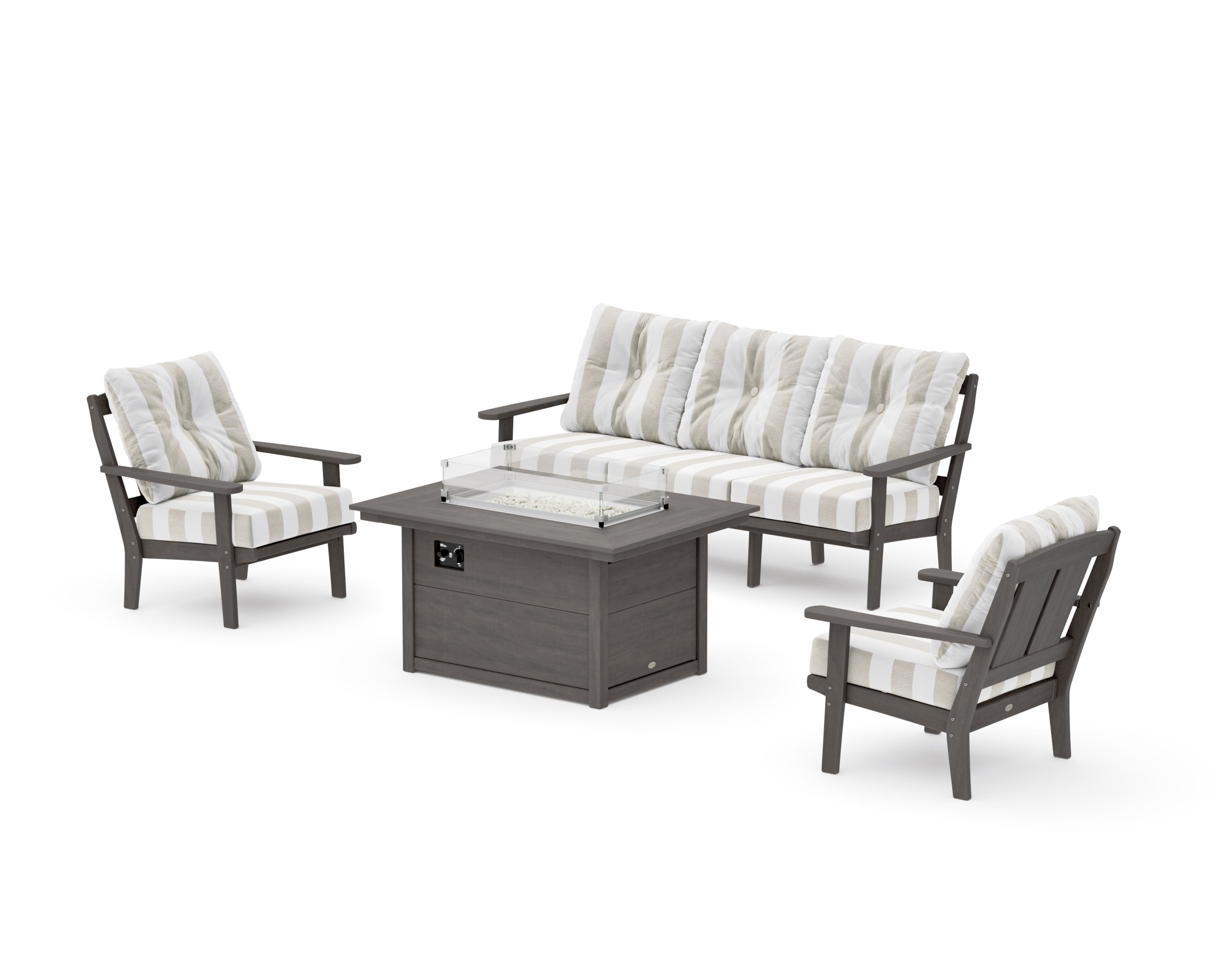 Mission Deep Seating Fire Pit Table Set in Driftwood / Cabana Stripe Dune Burlap