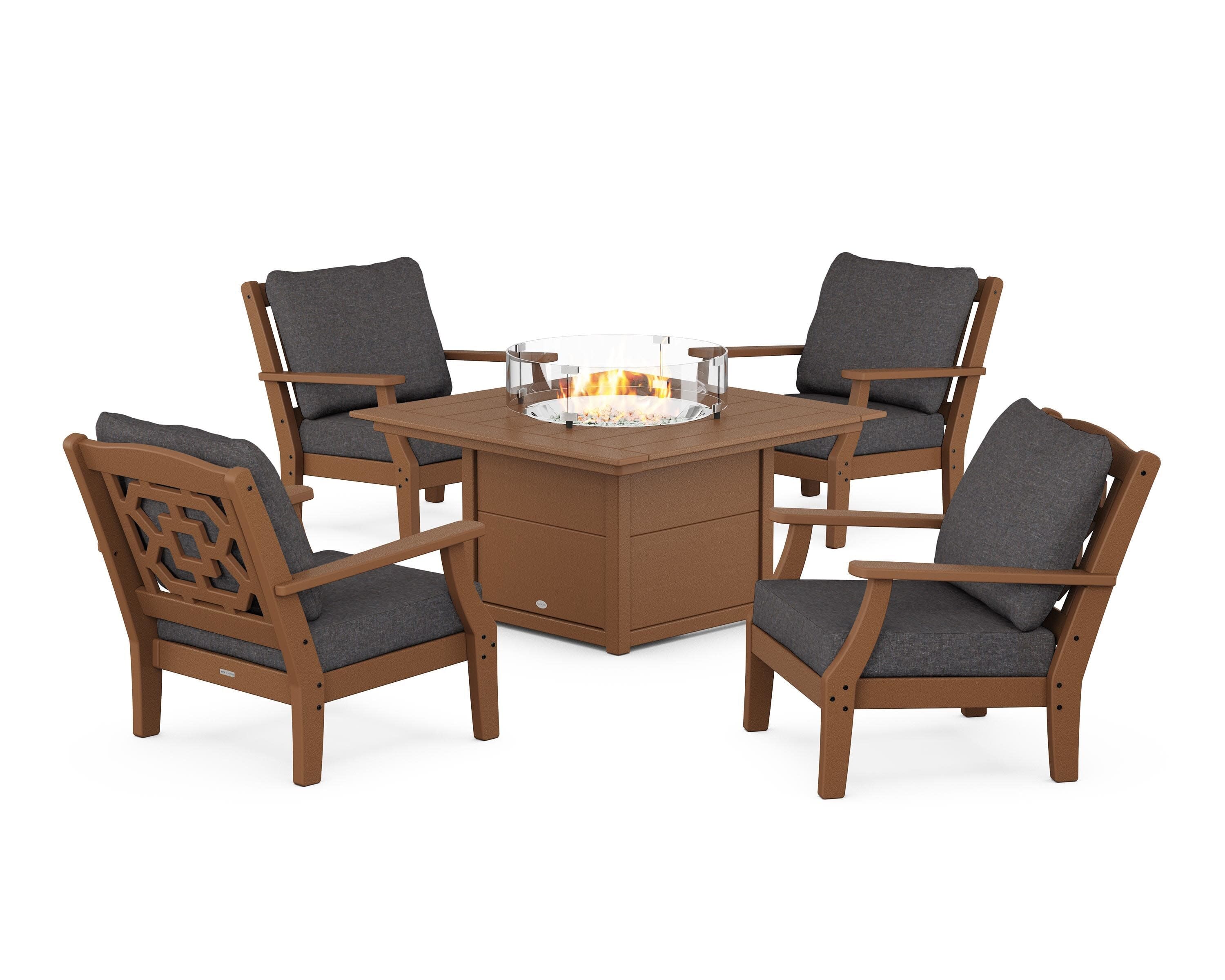 Chinoiserie 5-Piece Deep Seating Set with Fire Pit Table in Teak / Ash Charcoal