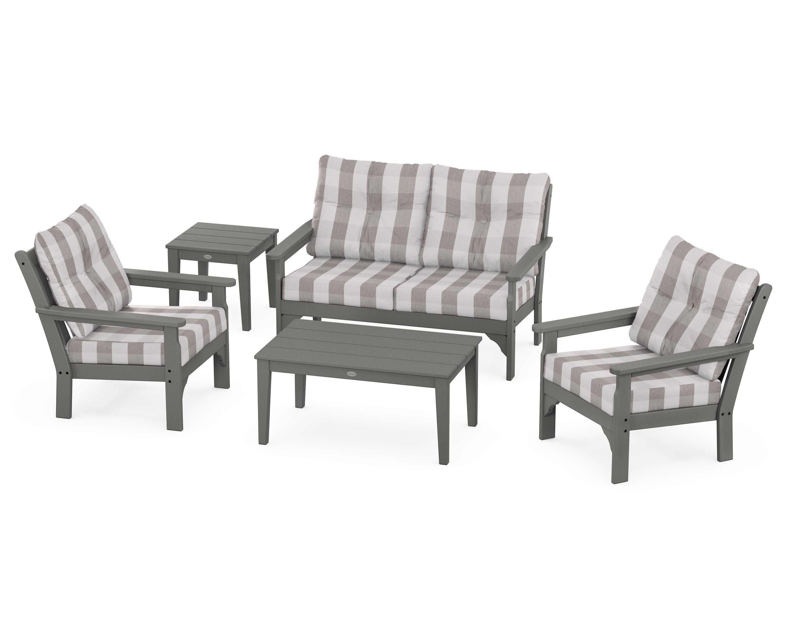 Vineyard 5-Piece Deep Seating Set in Slate Grey / Buffalo Plaid Grey Mist