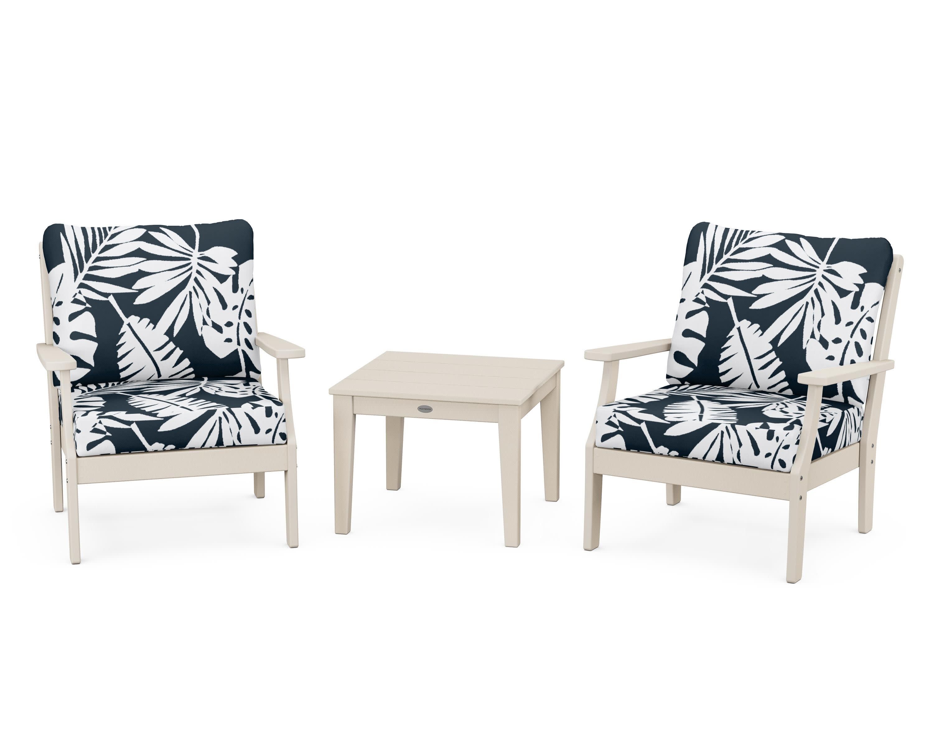 Braxton 3-Piece Deep Seating Set in Sand / Leaf Marine Indigo