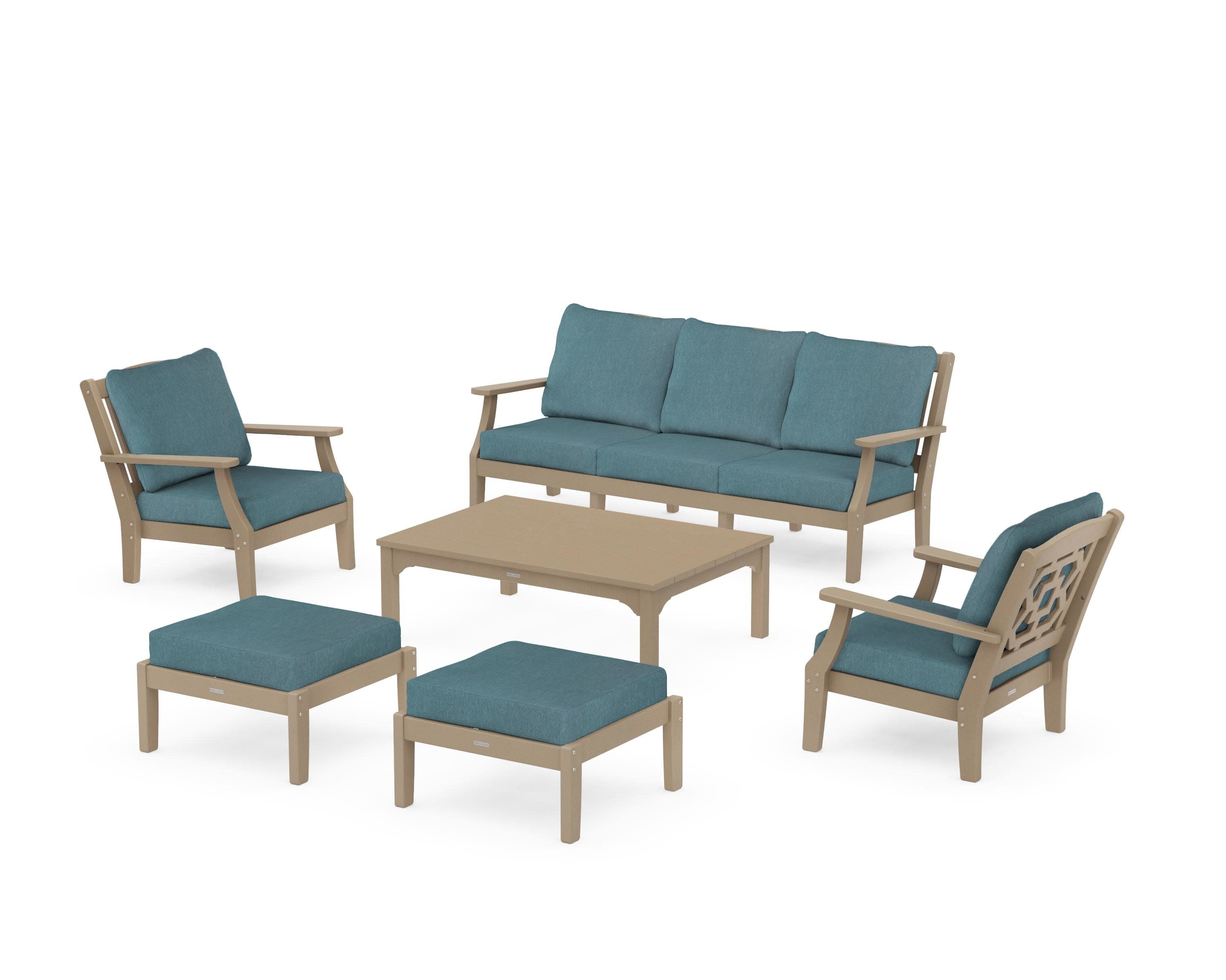 Chinoiserie 6-Piece Lounge Sofa Set in Vintage Sahara / Ocean Teal