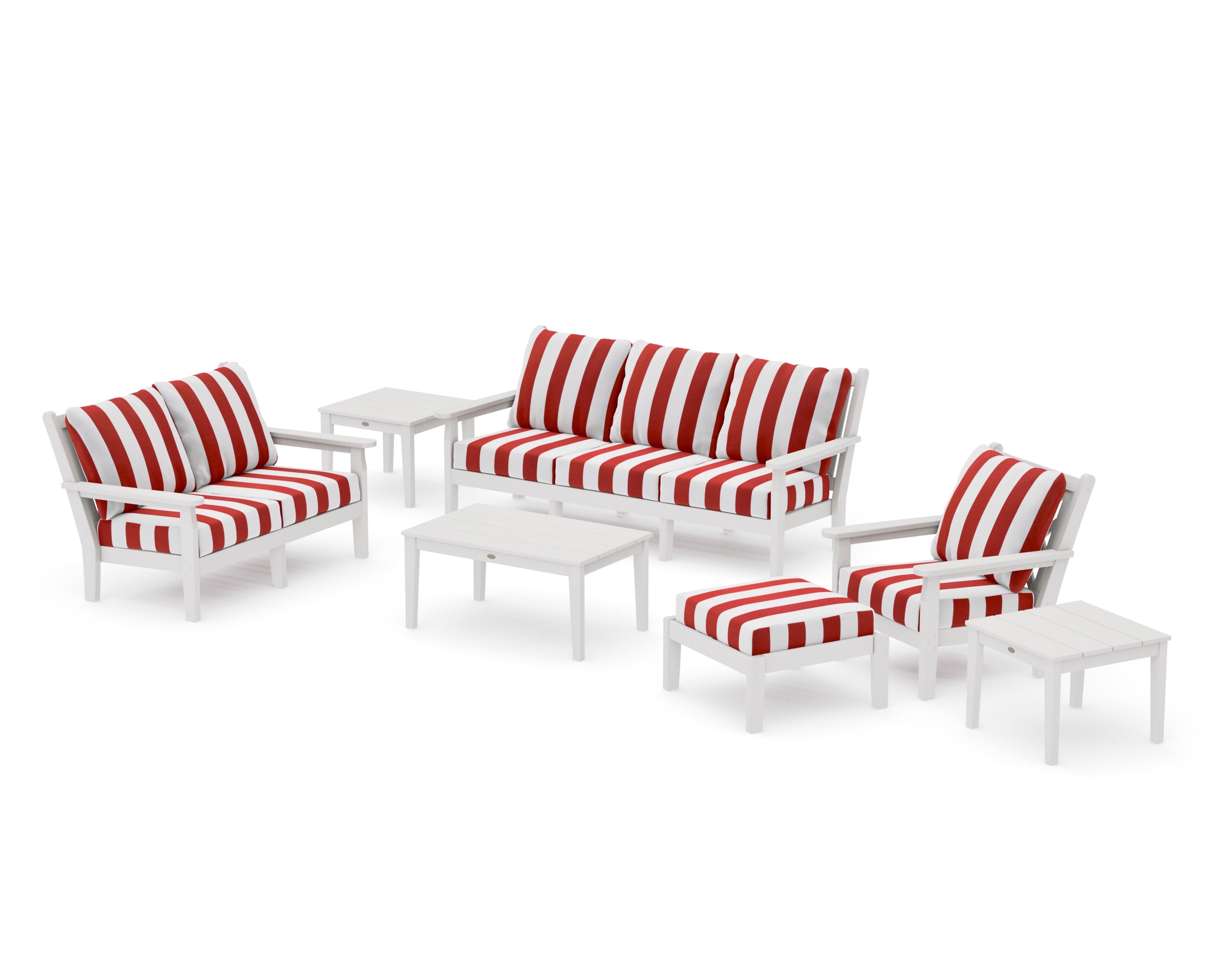 Chippendale 7-Piece Deep Seating Set in Vintage White / Cabana Stripe Crimson