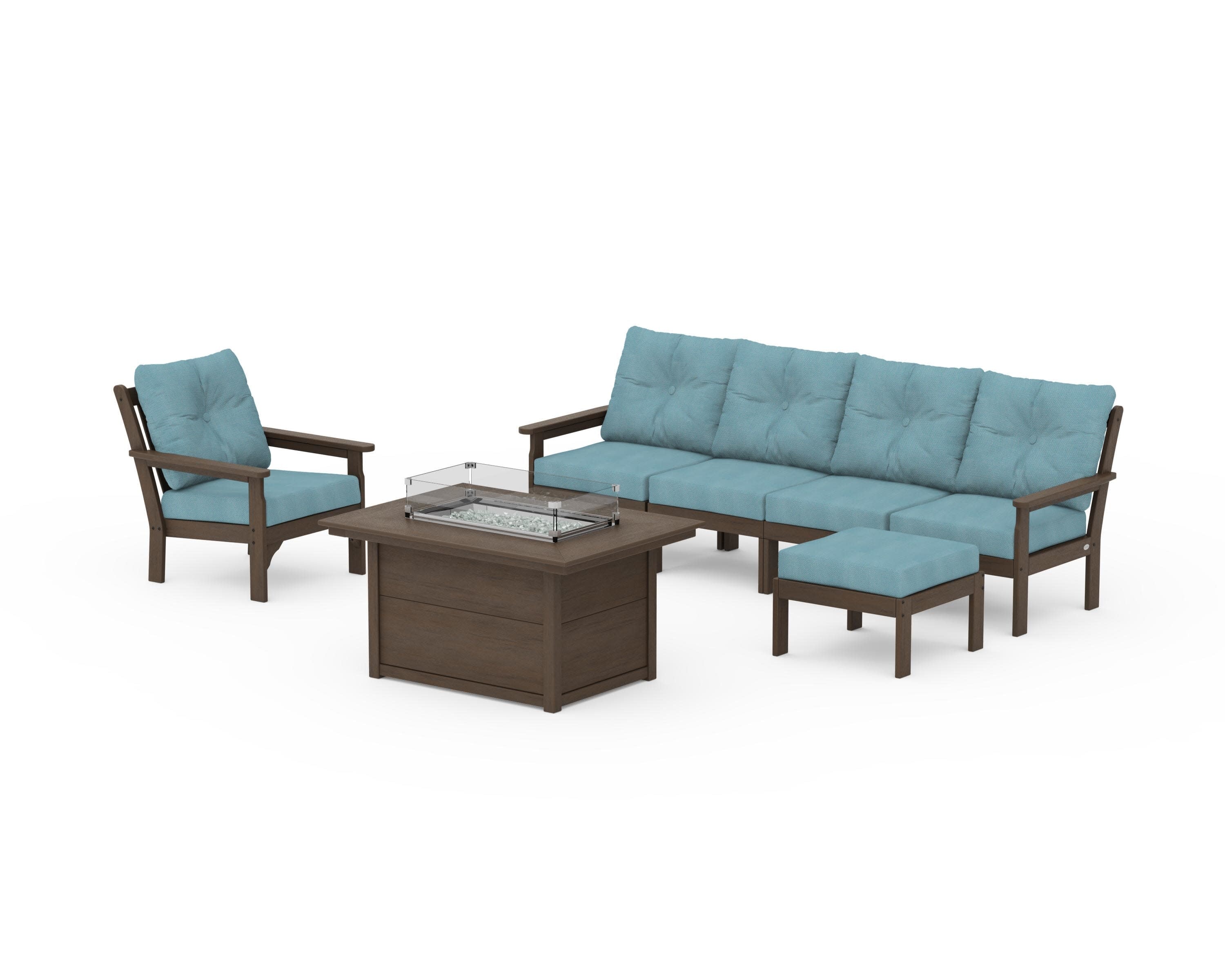 Vineyard Sectional Lounge and Fire Pit Set in Kona / Lattice Sky Blue