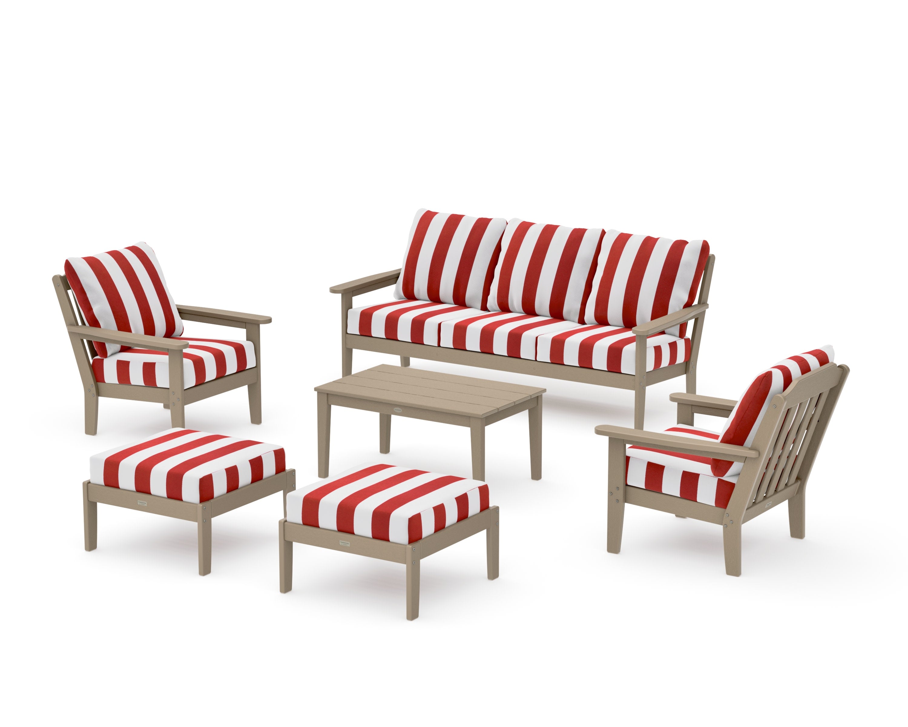 Cottage 6-Piece Lounge Sofa Set in Vintage Sahara / Cabana Stripe Crimson